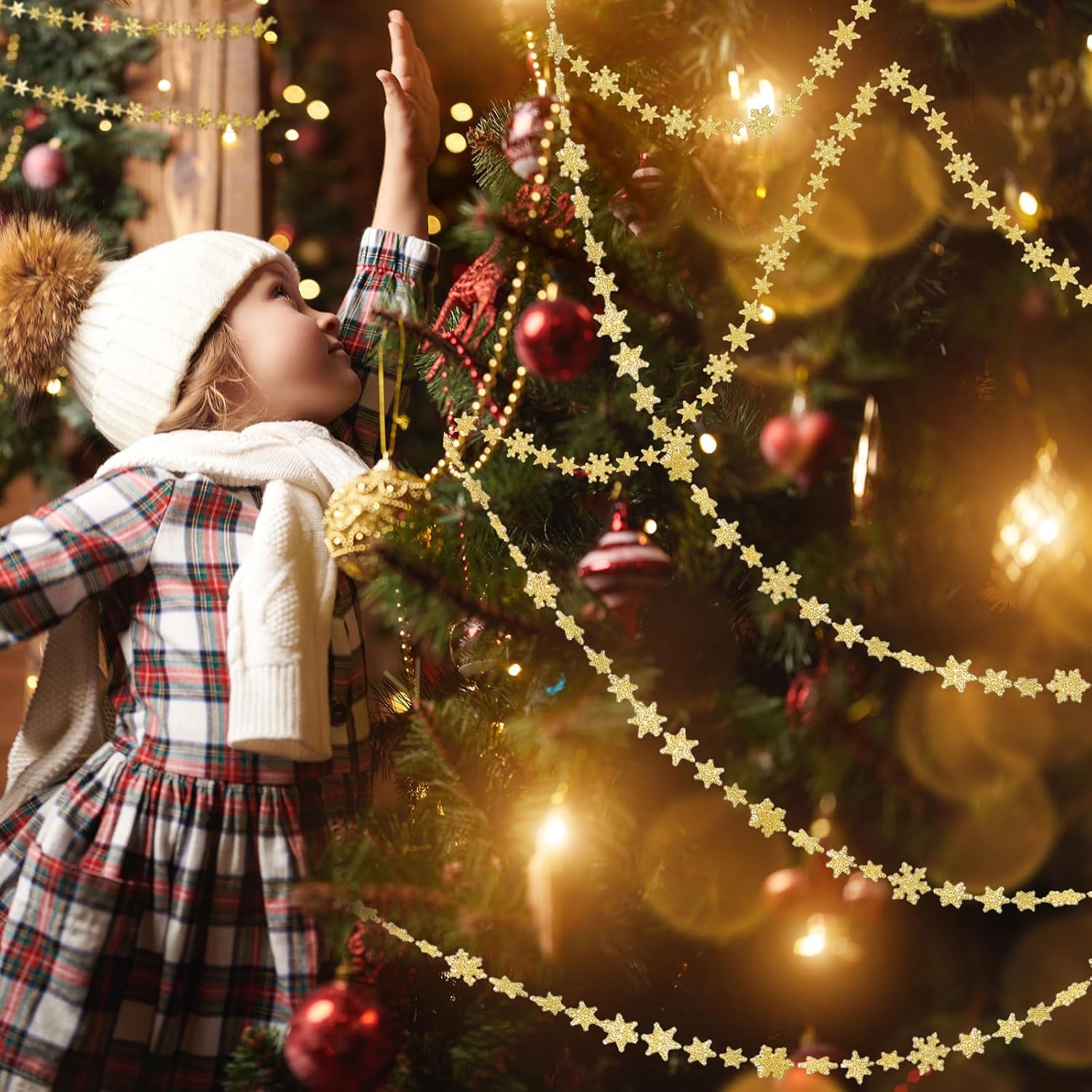Boao Decoración de copo de nieve colgante de Navidad de 32.8 pies, guirnalda de copos de nieve de invierno con purpurina, adornos para árbol de