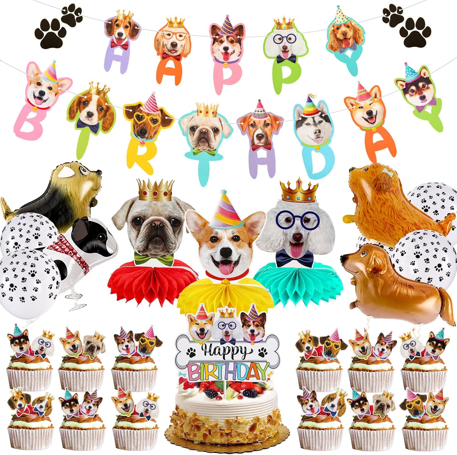 39 piezas de decoraciones de cumpleaños para perros, suministros de fiesta de cumpleaños para cachorros, 2 carteles de feliz cumpleaños, 3 panales