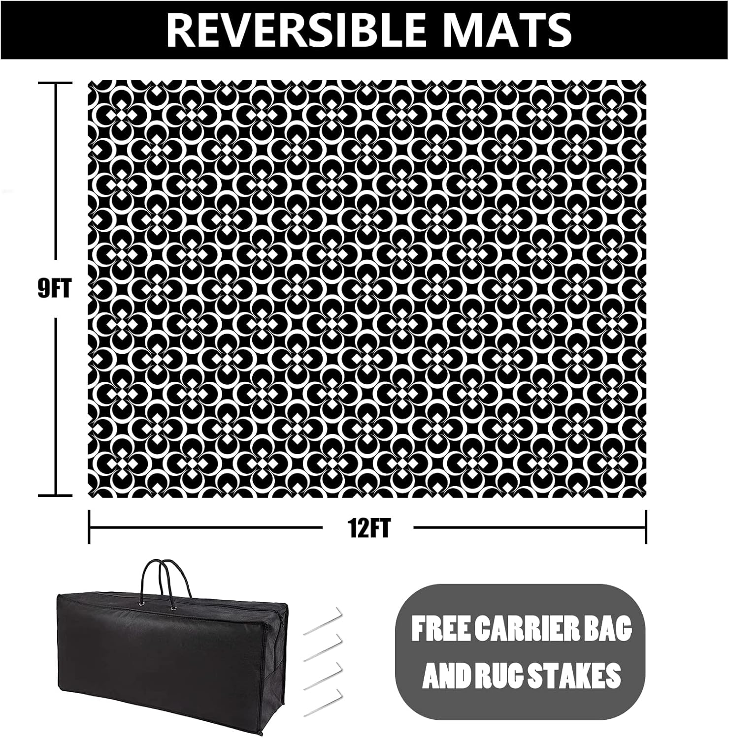 RV Outdoor Rug Waterproof Mat Outdoor Rugs 9’x12′ for Patios Clearance Carpet Outdoor Camping Rugs Large Plastic Straw Rug(9x12ft Clover Black&White)