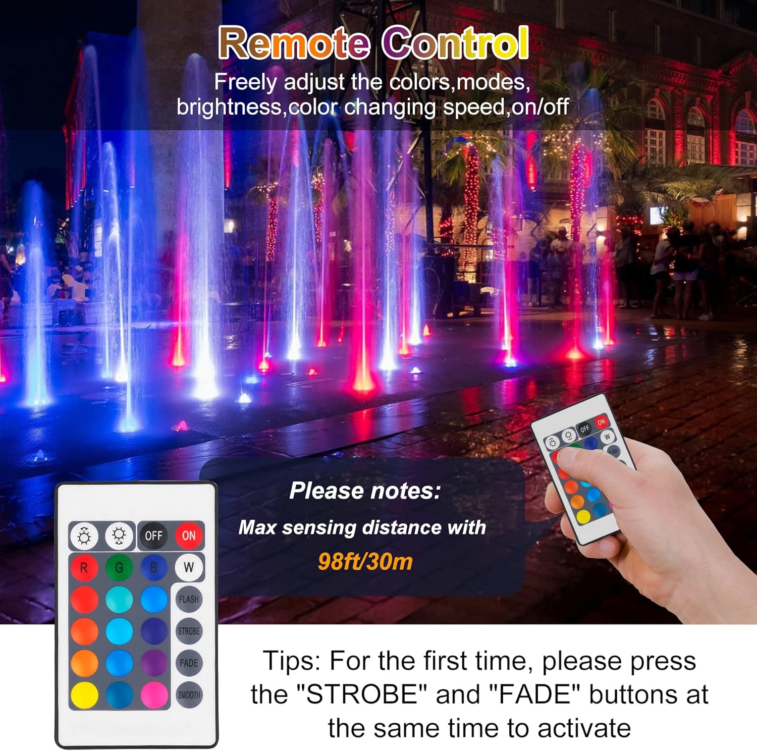 Luces de estanque RGB, LED superbrillantes, sumergibles, coloridos focos de paisaje, 98 pies, control remoto, IP68, impermeable, para peces,