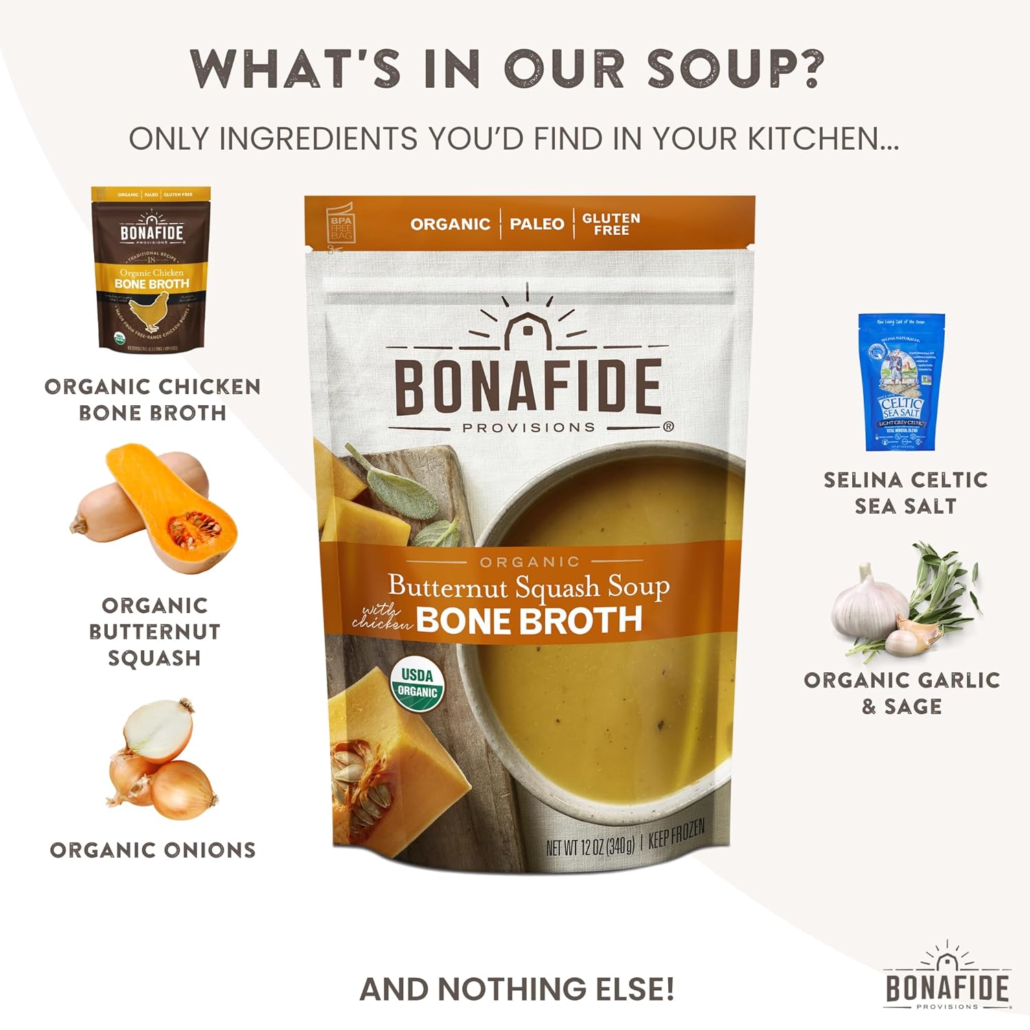 Bonafide Provisions Sopa fresca de calabaza orgánica y orgánica, congelada, 12 onzas líquidas, sin gluten, paleo sin granos, aprobado por Keto y