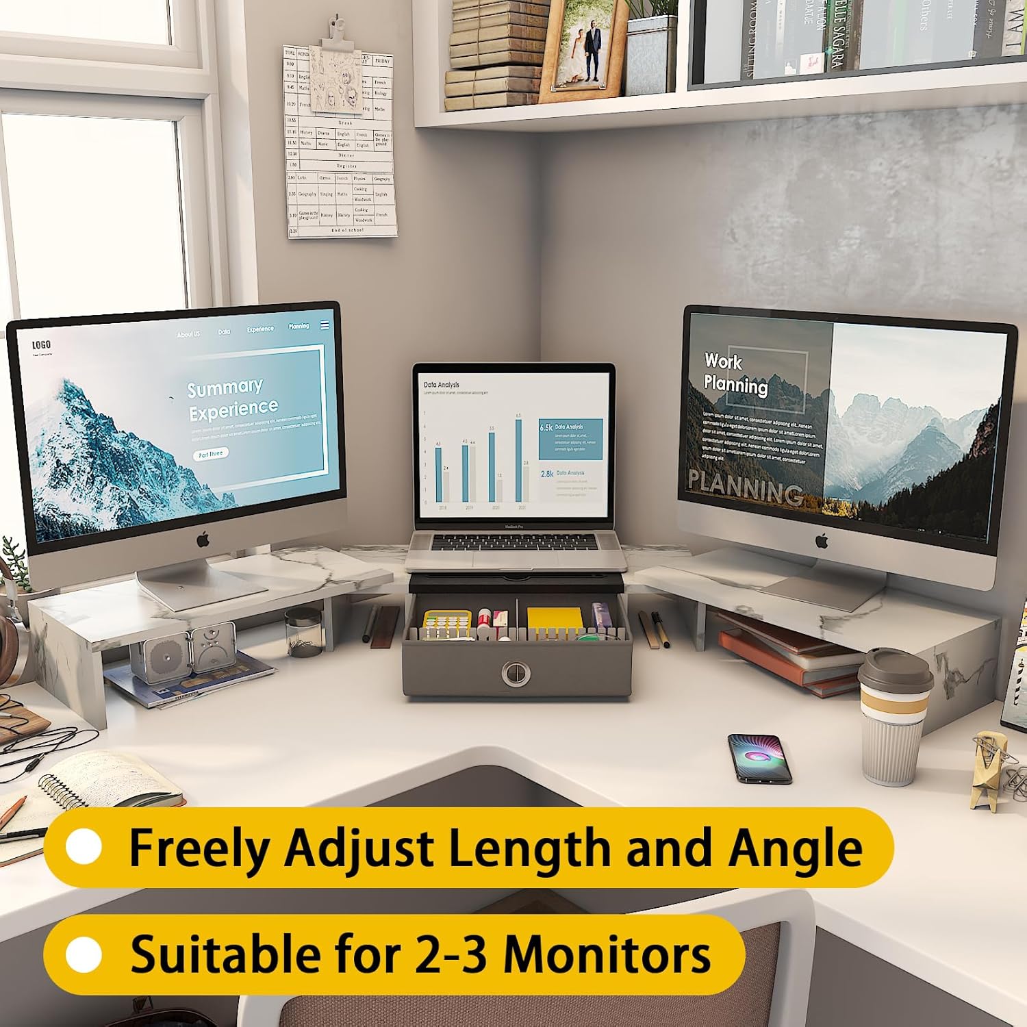 WESTREE Soporte elevador triple para monitor doble con cajón, extra grande ajustable para 2  3 monitores, solt para teléfono y tableta, soporte
