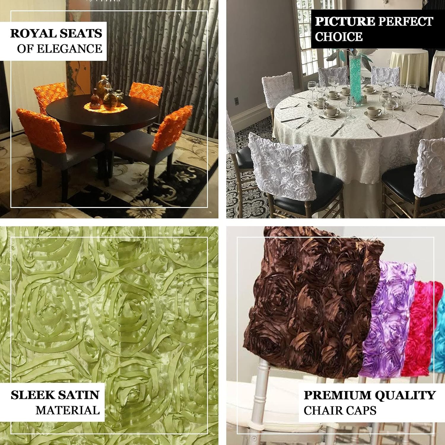 Efavormart – 10 fundas de satén con roseta 3D para silla, Chivari, cuadradas, para catering, boda, fiesta, decoración, color plateado