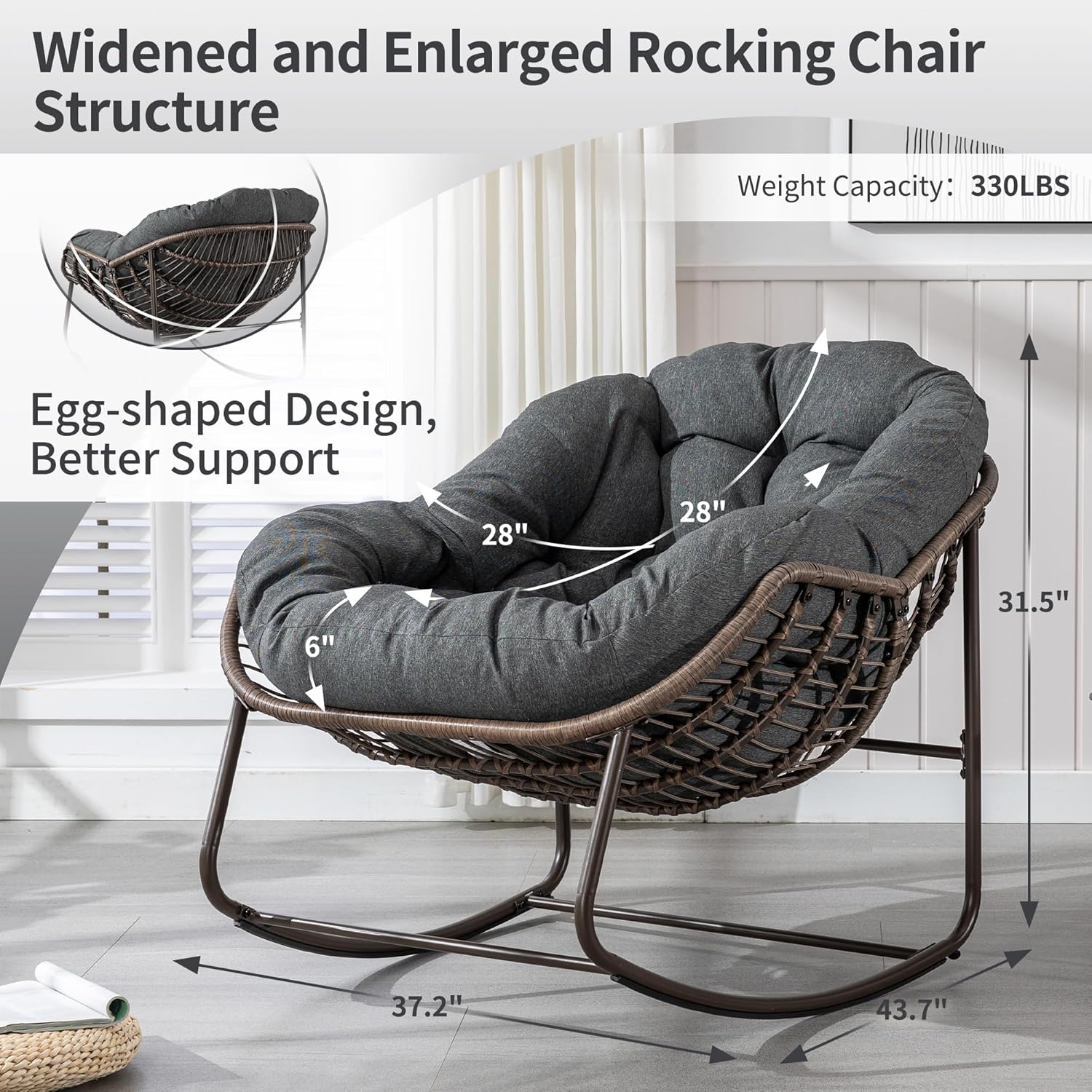 HOMEFUN Mecedoras para patio al aire libre, mecedora Papasan de gran tamaño para interiores con cojín acolchado, silla mecedora para porche