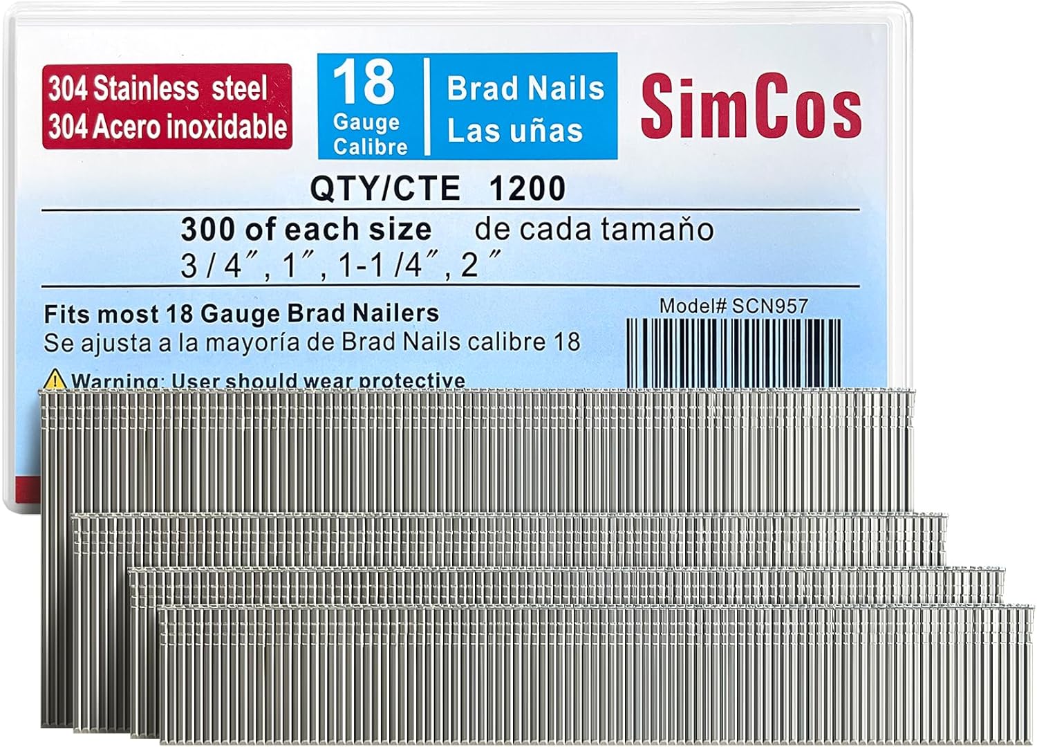 SimCos Clavos Brad de acero inoxidable calibre 18 304 (2″, 1-14″ 1″, 34″), surtido de 1200 unidades para clavadora neumática o eléctrica de 18 GA o