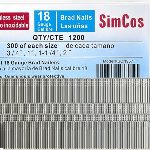 SimCos Clavos Brad de acero inoxidable calibre 18 304 (2″, 1-14″ 1″, 34″), surtido de 1200 unidades para clavadora neumática o eléctrica de 18 GA o SimCos Clavos Brad de acero inoxidable calibre 18 304 (2″, 1-14″ 1″, 34″), surtido de 1200 unidades para clavadora neumática o eléctrica de 18 GA o
