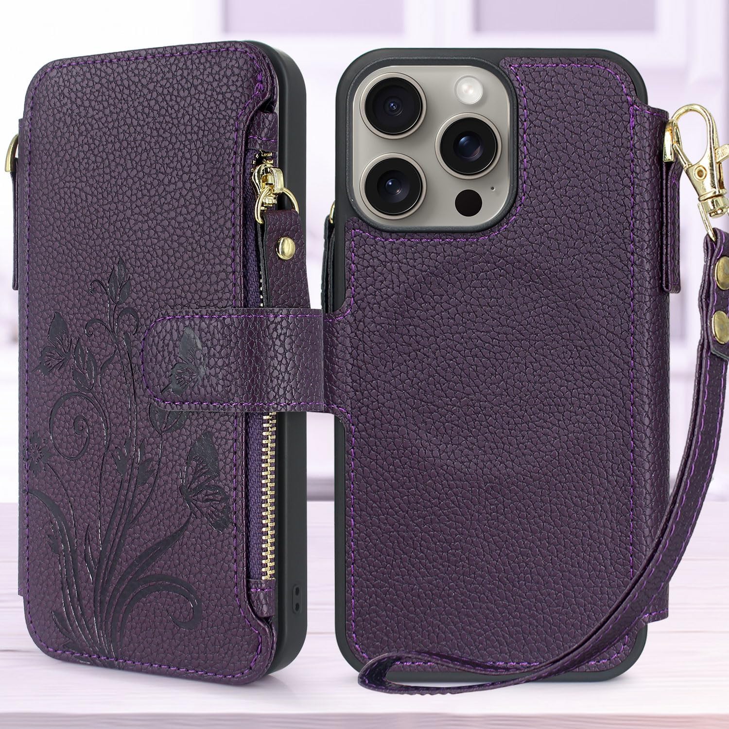 Lacass Funda compatible con MagSafe Case Wallet para iPhone 15 Pro Max de 6.7 pulgadas, 3 tarjeteros con cremallera de piel, cierre magnético,