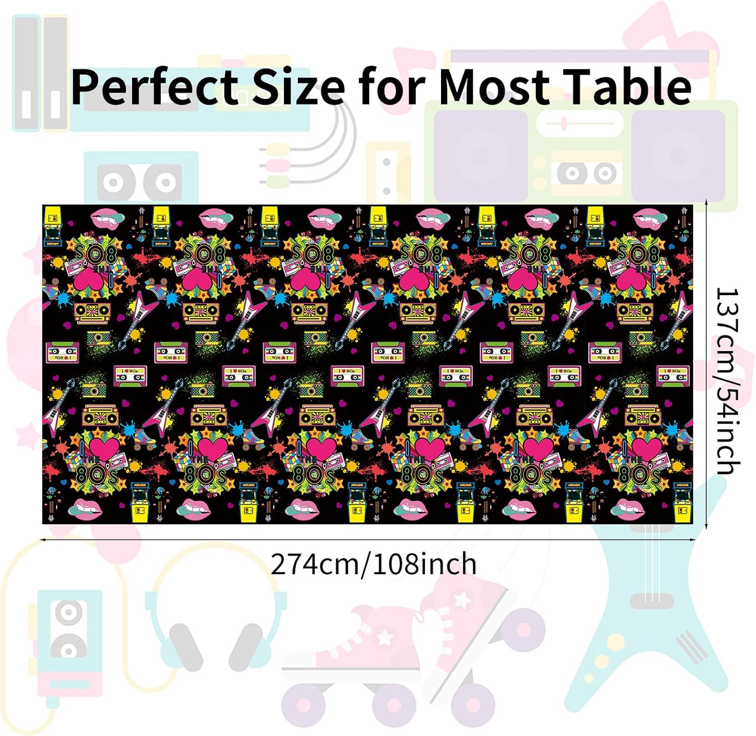 FunHot Manteles de los años 80, decoraciones de fiesta de los años 80, 2 piezas de 54 x 108 pulgadas, impermeables, rectangulares, color negro, para
