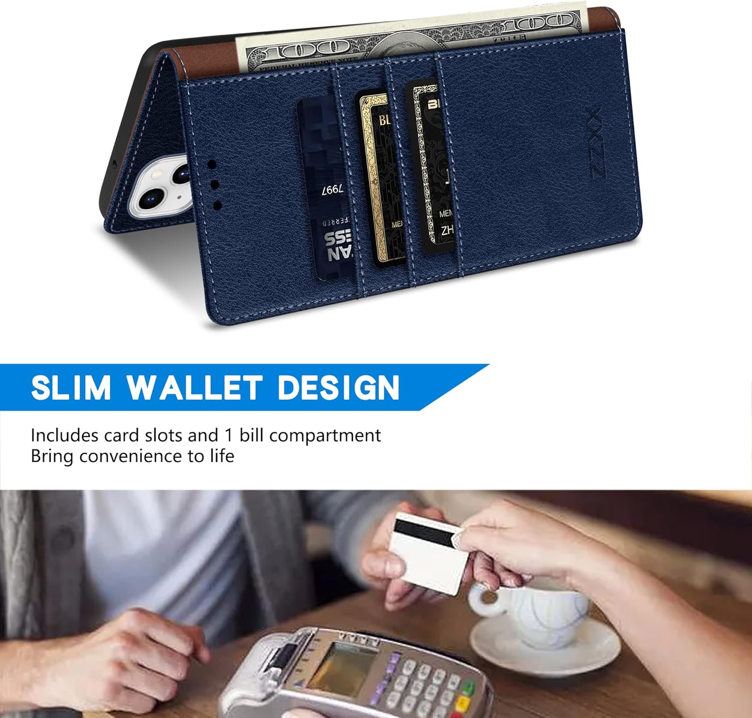 ZZXX Funda tipo cartera para iPhone 15 con bloqueo RFID, ranura para tarjetas, función atril, cierre magnético, funda protectora de cuero para
