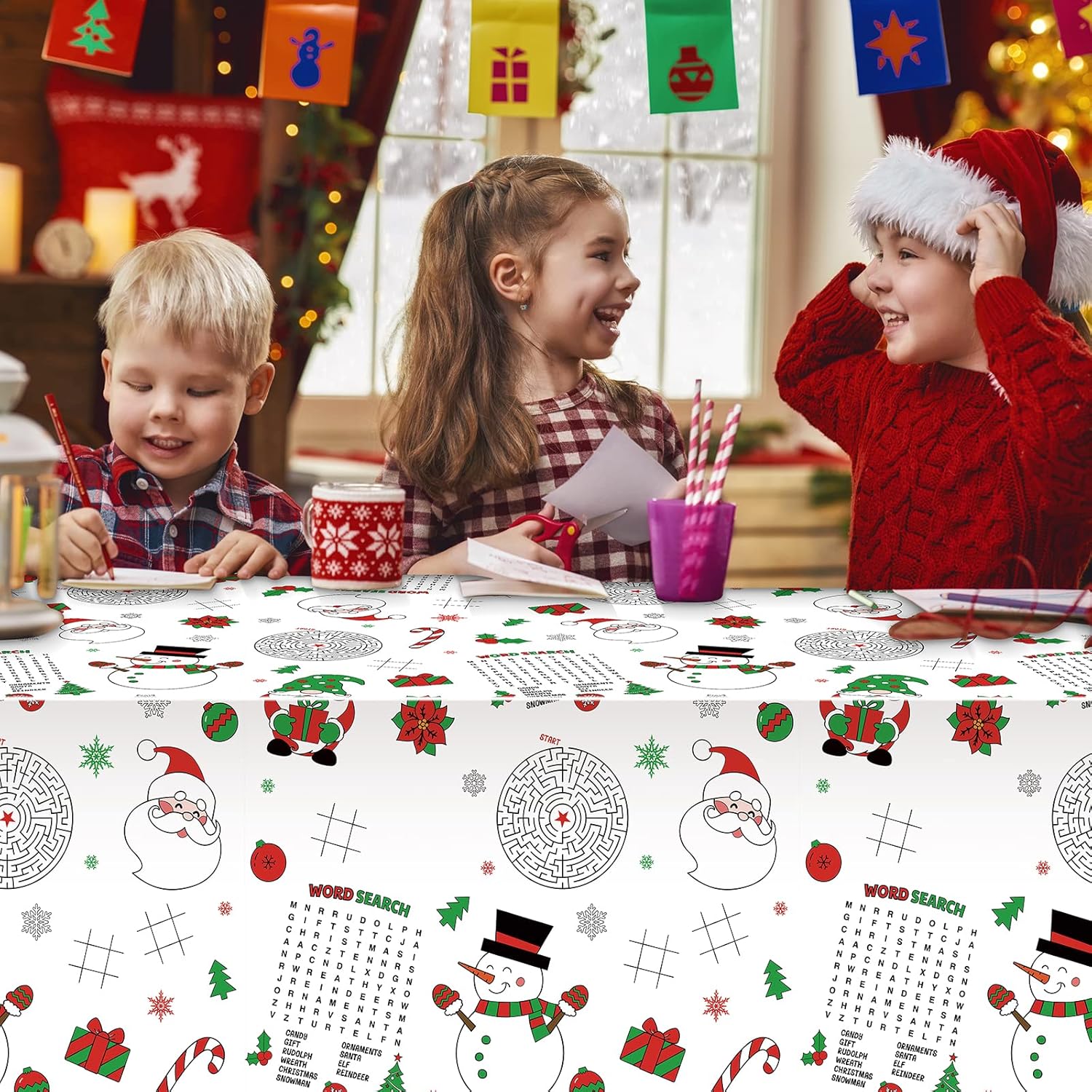 1 mantel de papel de actividades navideñas, mantel desechable de papel de Papá Noel, muñeco de nieve, gnomo, para niños, Navidad, invierno,