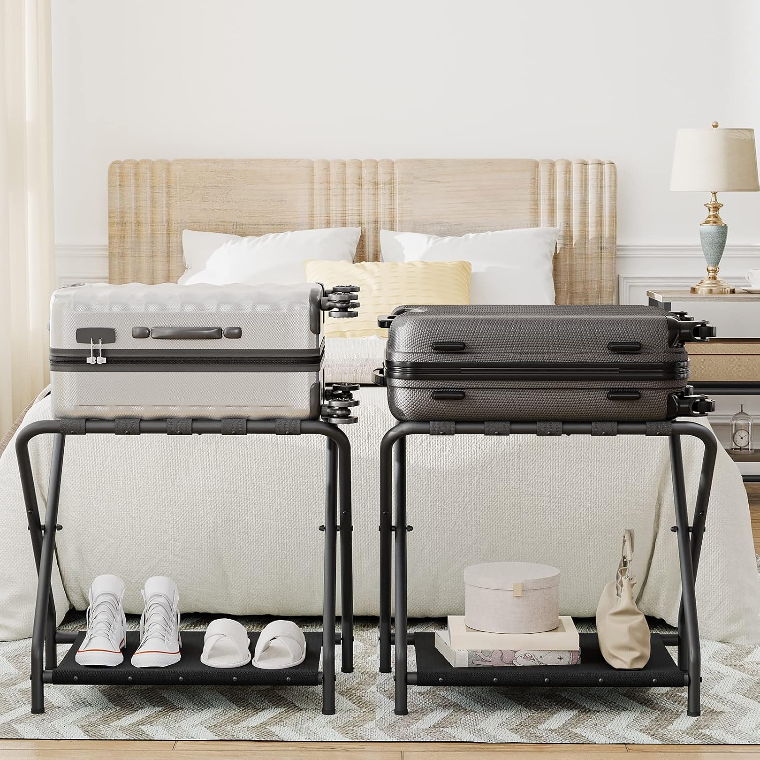 HOOBRO Portaequipajes, soporte plegable para maleta con estante de almacenamiento de tela para habitación de invitados, dormitorio, hotel, soporta