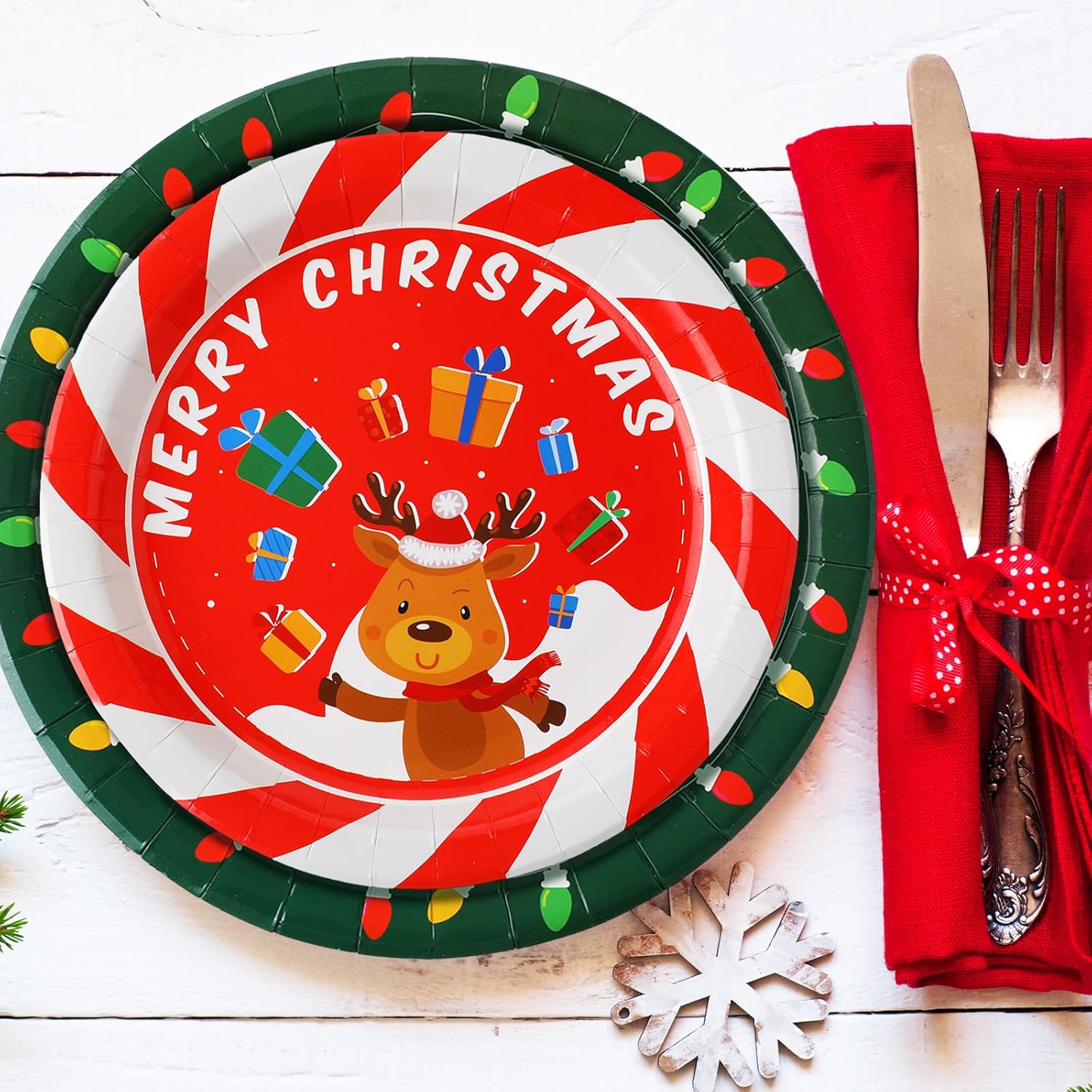 100 platos de papel de Navidad, redondos, desechables, suministros de fiesta de Navidad con colorido diseño de árbol de Papá Noel, alce, muñeco de