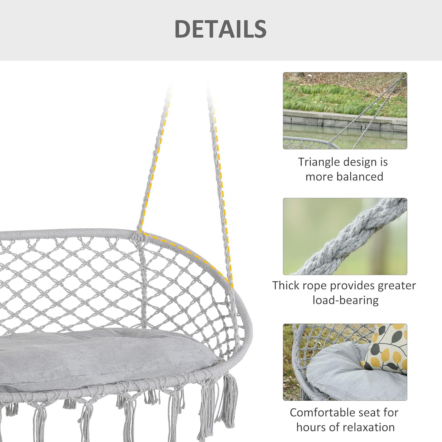 Outsunny Hamaca para 2 personas, columpio de macramé con cojín suave, silla colgante de cuerda de algodón para interiores y exteriores, hogar,