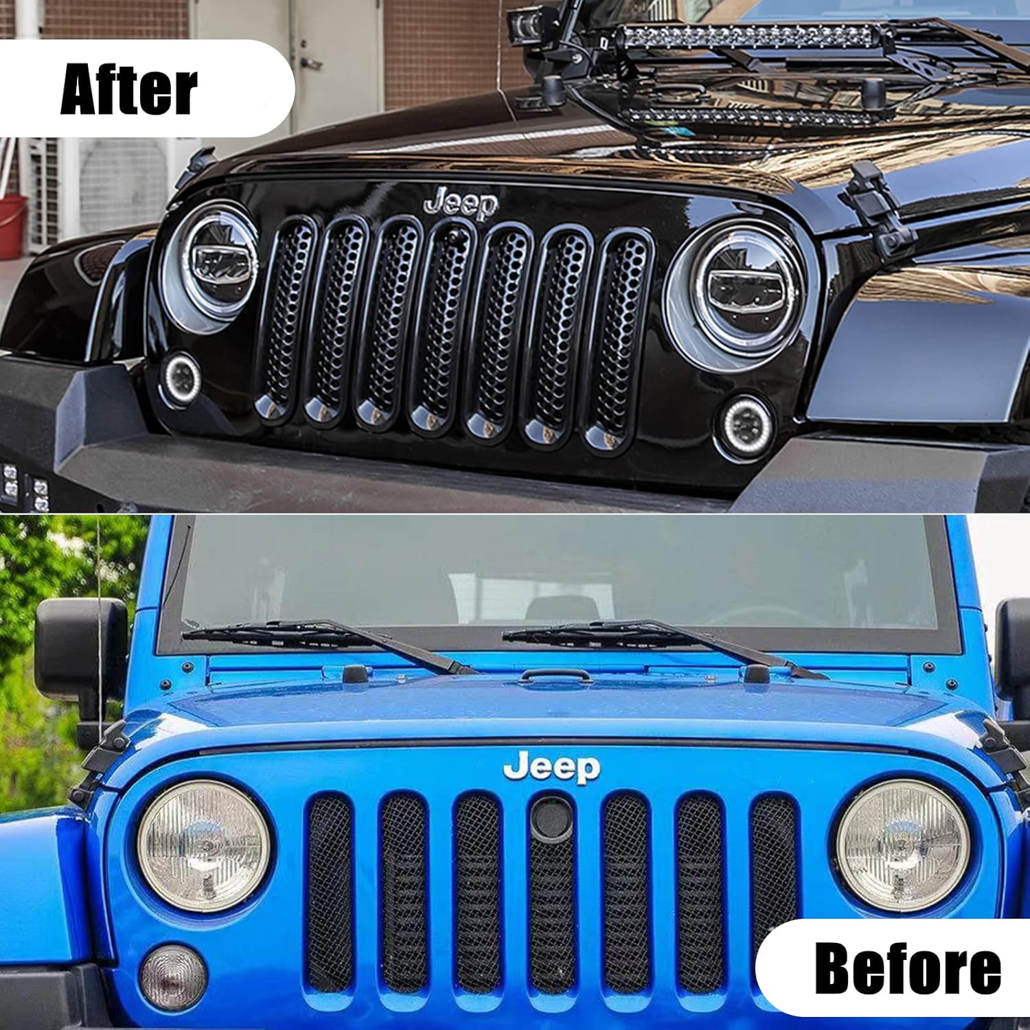 Cubierta de rejilla de malla frontal compatible con Jeep Wrangler JK y JKU 2007-2018 – Insertos de parrilla negros con protector de clip con ranuras
