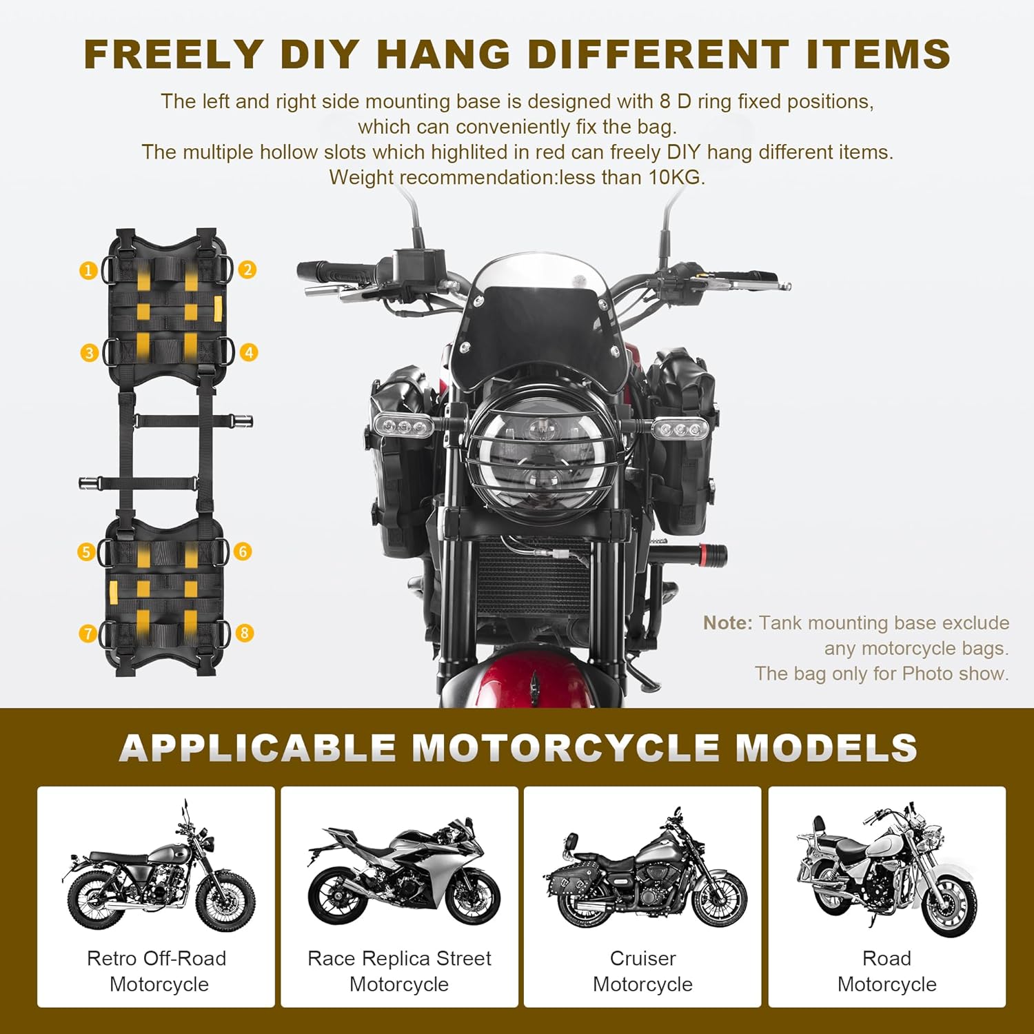 Colgante de montaje auxiliar izquierdo y derecho para tanque de motocicleta, accesorios de motocicleta aumentan el espacio de almacenamiento,
