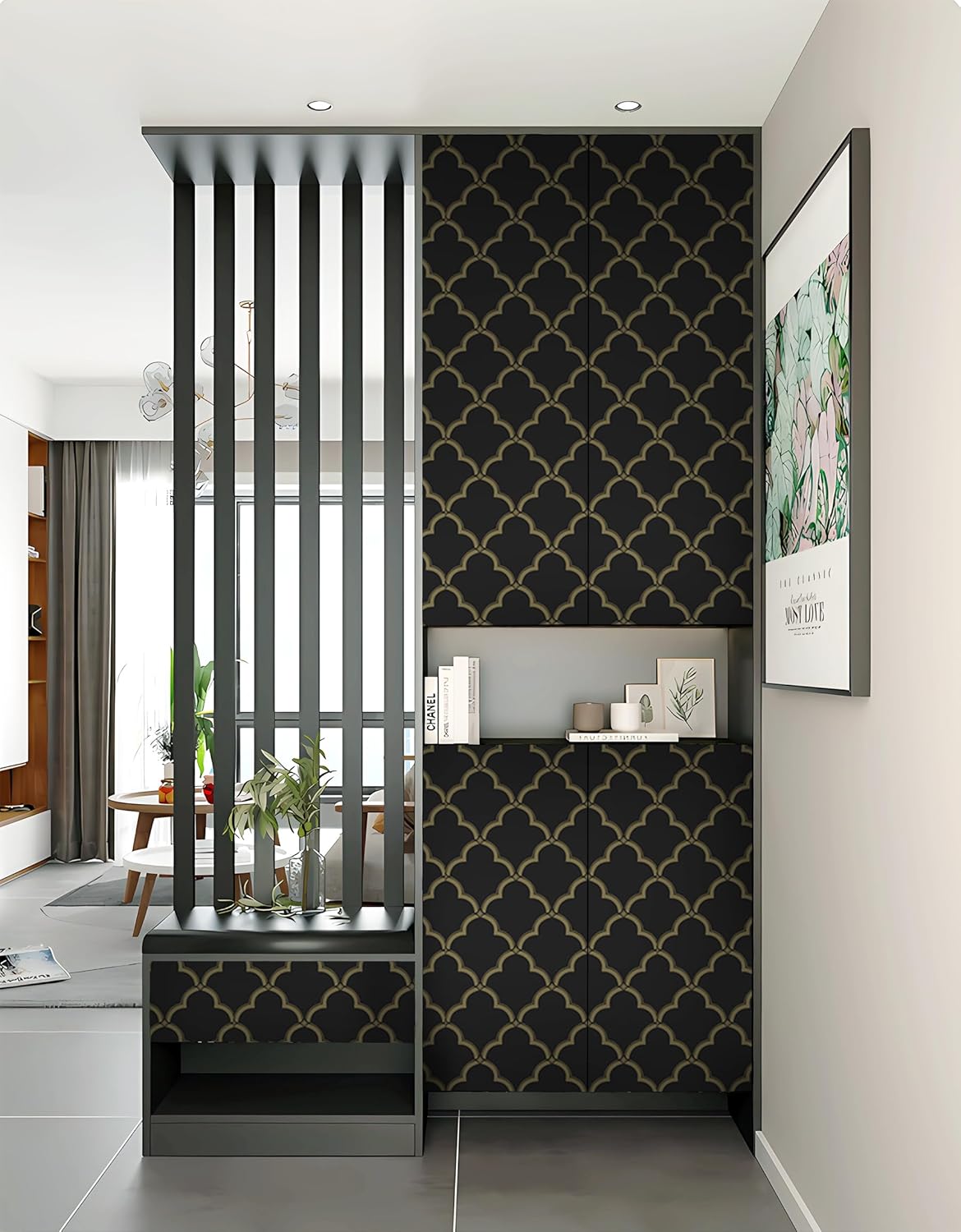 Hopepak Papel tapiz de 17.3 x 394 pulgadas, papel tapiz geométrico negro y dorado, autoadhesivo, extraíble, para gabinete, dormitorio, enrejado