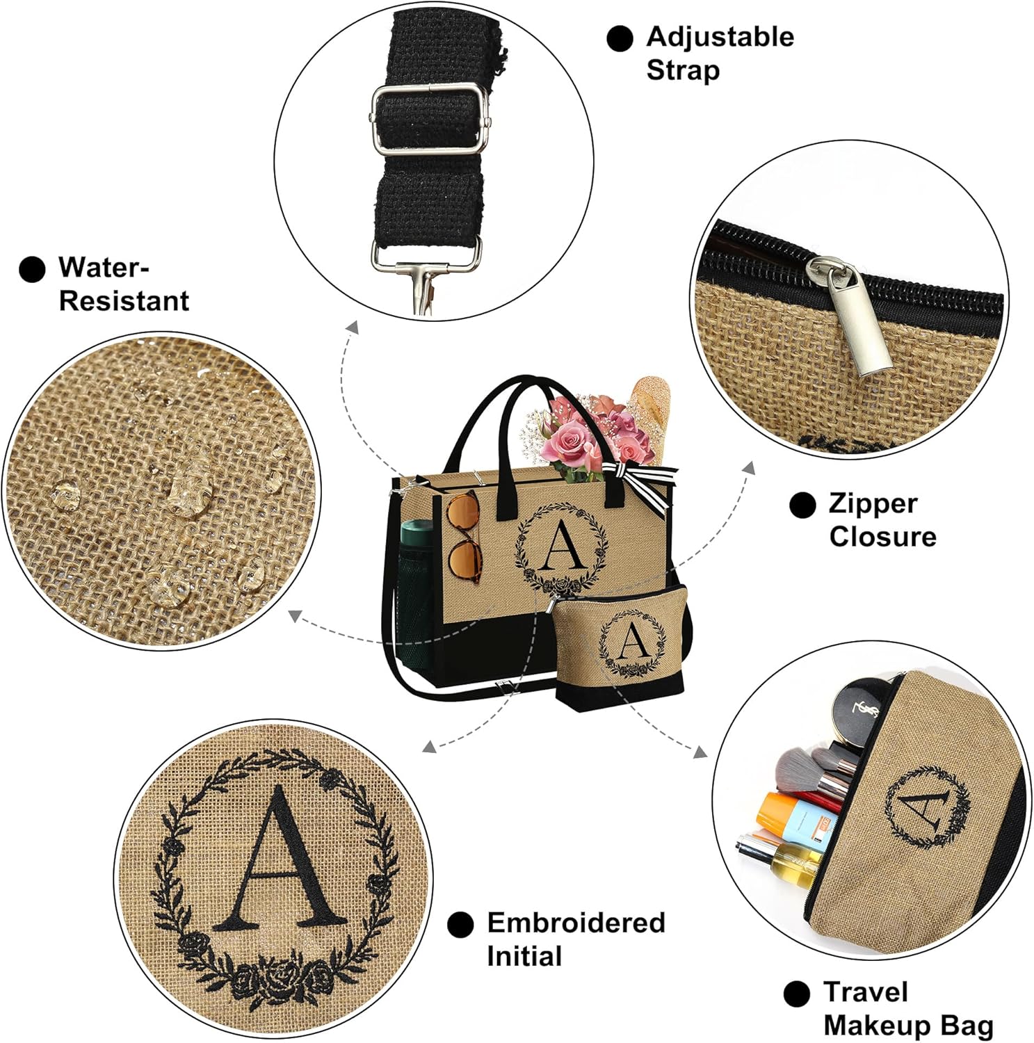 Bolsa de yute personalizada con monograma y bolsa de maquillaje, regalos para mujeres, mamá, amiga, dama de honor, cumpleaños