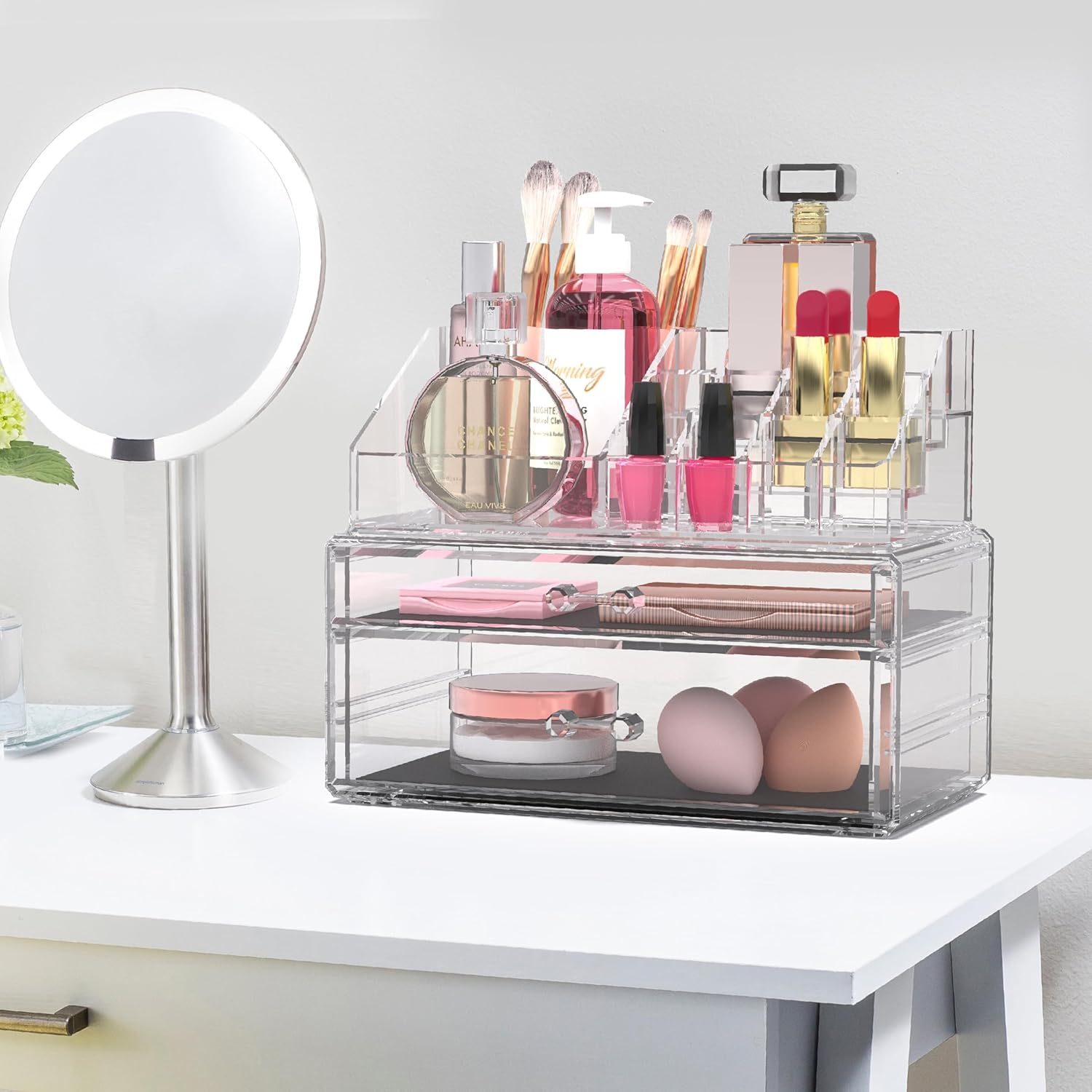 Harmon Wandyer Organizador de maquillaje acrílico transparente con 2 cajones y extraíble de los soportes superiores para lápiz labial, soporte de