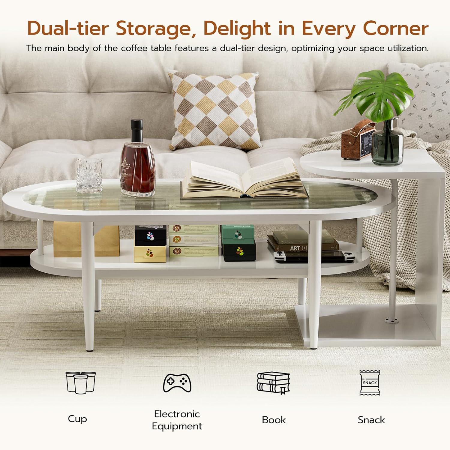 IKIFLY Juego de mesa de centro de cristal, mesa de té de café blanca con mesa de vidrio Changhong y mesa auxiliar para sala de estar comedor