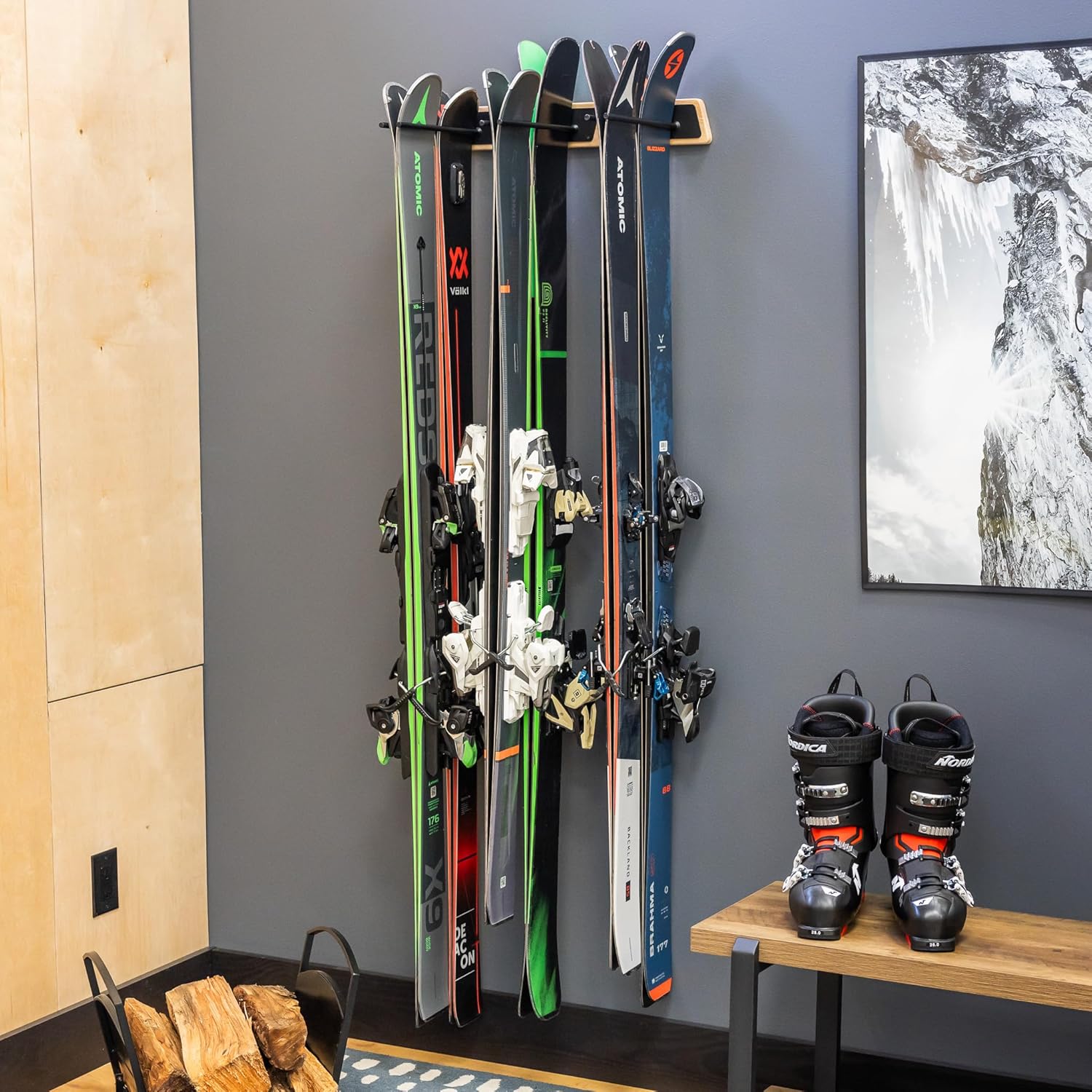 StoreYourBoard Estante de esquí de madera natural, montaje en pared, 6 almacenamientos, interior o garaje, madera y acero con capacidad para 150