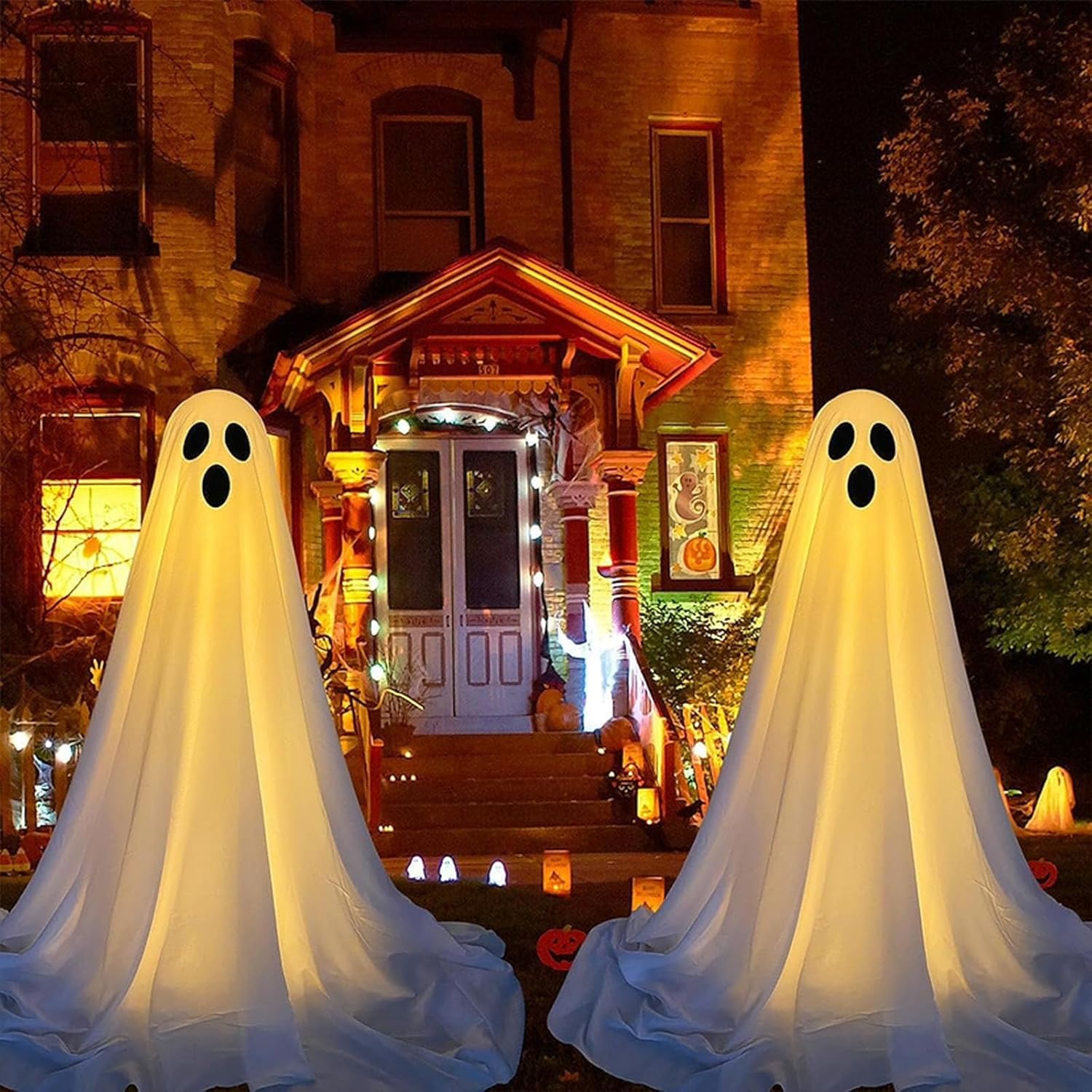 2 piezas de fantasmas de Halloween iluminados para colgar al aire libre, suministros de fiesta espeluznantes para abrazar árboles, fantasmas