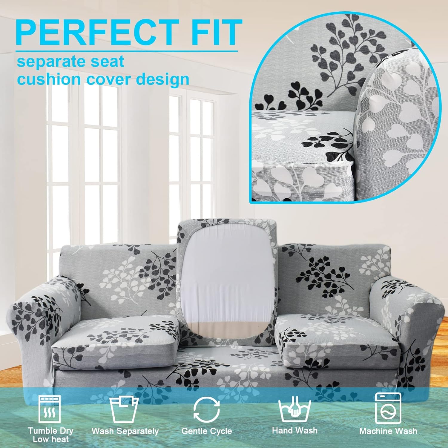 Funda impermeable para sofá de 2 piezas, funda elástica con estampado, funda de cojín para sofá, lavable, protector de muebles para sala de estar