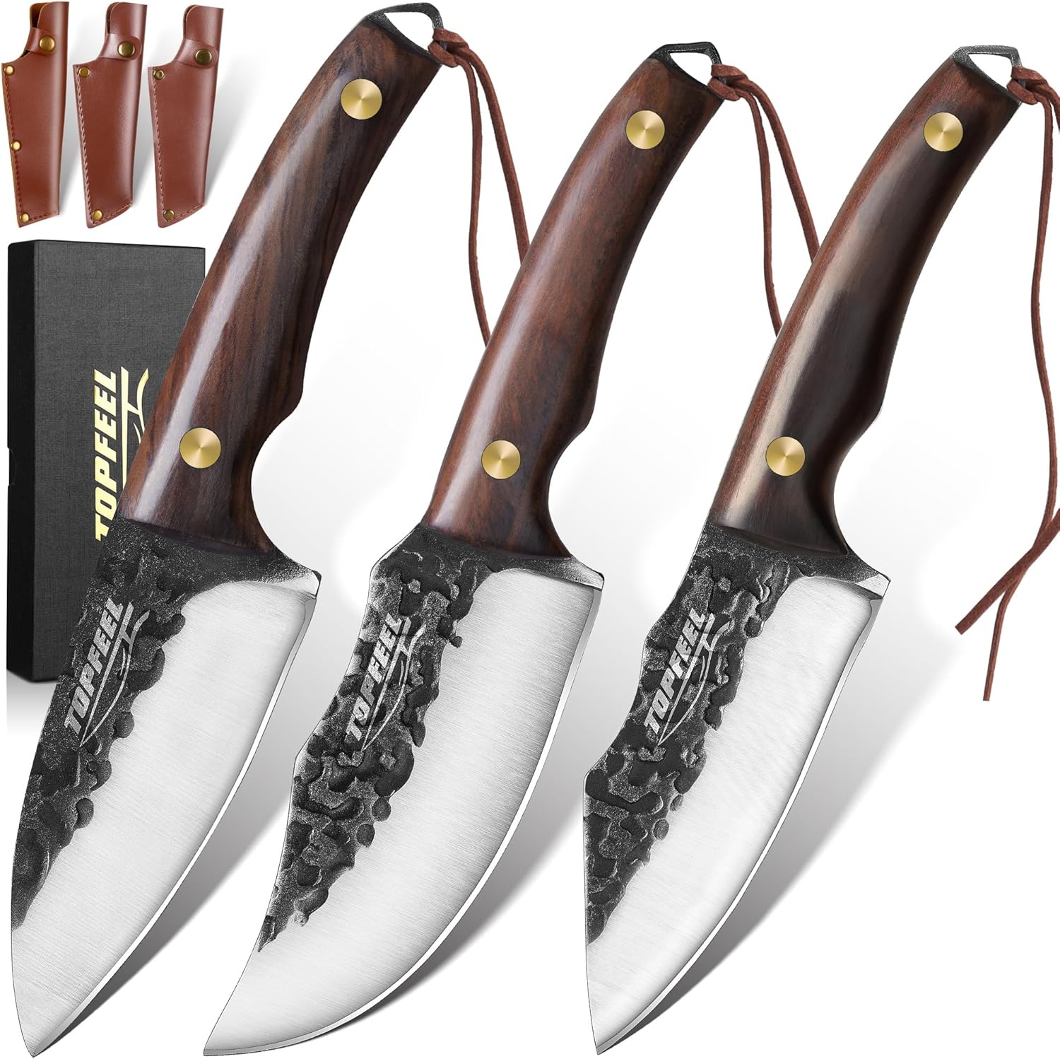 Topfeel Juego de 3 cuchillos vikingos con funda forjado a mano, cuchillo de carnicero para carne, cuchillo de cocina japonés para el hogar, al aire