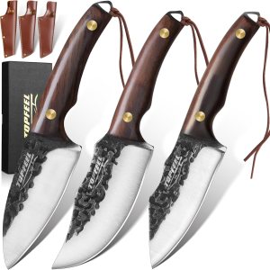 Topfeel Juego de 3 cuchillos vikingos con funda forjado a mano, cuchillo de carnicero para carne, cuchillo de cocina japonés para el hogar, al aire Topfeel Juego de 3 cuchillos vikingos con funda forjado a mano, cuchillo de carnicero para carne, cuchillo de cocina japonés para el hogar, al aire