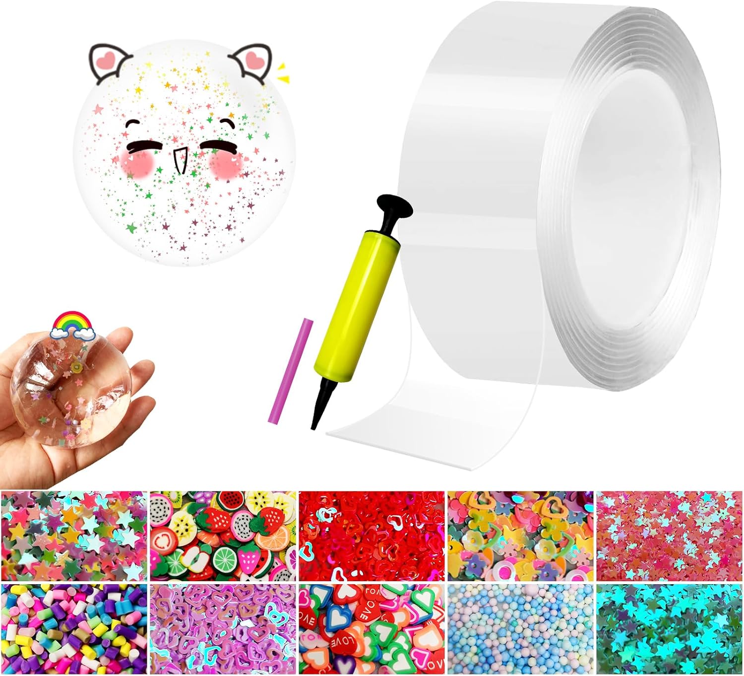 Kit de burbujas de nanocinta, kit de nano cinta de 9.8 x 1.97 pulgadas con bomba de globo y bolsas de lentejuelas de color, nano cinta transparente