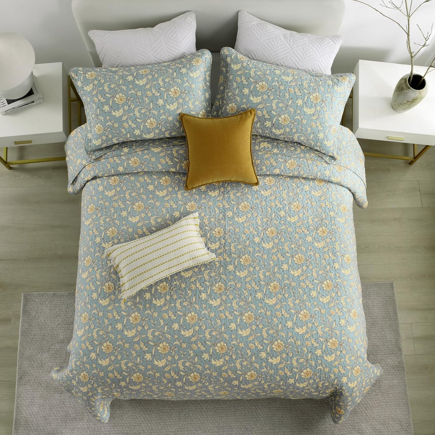 Finlonte Colchas tamaño Queen 100% algodón ligero suave Queen Colcha Vintage Botánico Acolchado Colcha Azul Edredón Beige Floral Reversible Juego de