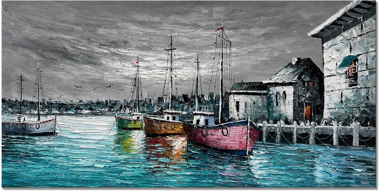 zoinart Lienzo grande pintado a mano de 48 x 24 pulgadas, pinturas abstractas para pared, textura contemporánea, arte de pared de muelle, paisaje,