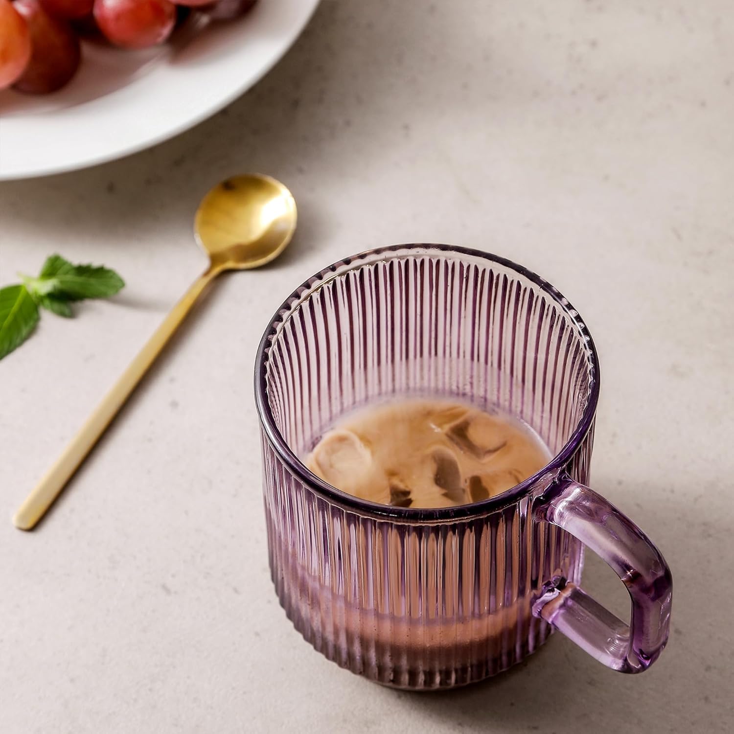 Lysenn Taza de café de vidrio con tapa, taza de té de vidrio clásica con rayas verticales de alta calidad, para leche, té, chocolate, jugo, agua,