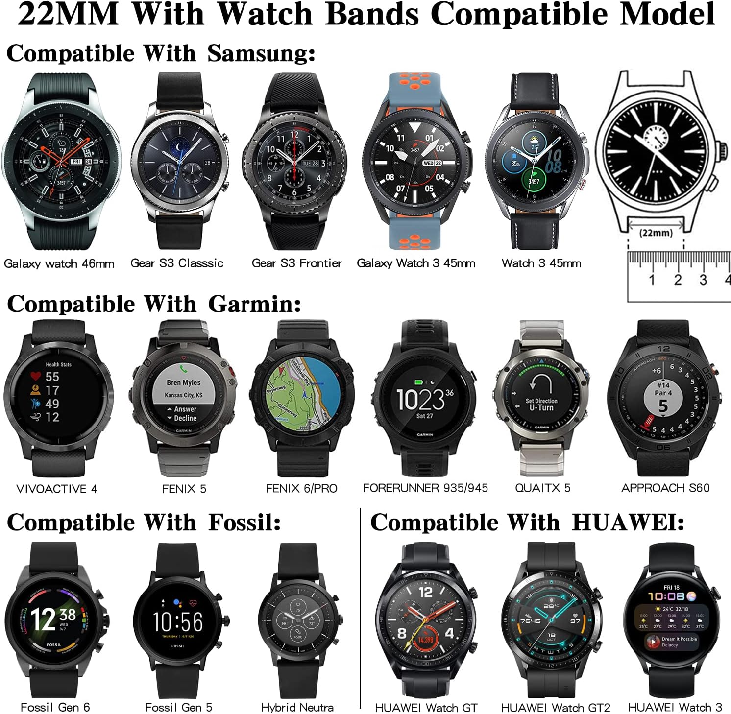 Correas de 0.866 pulgadas compatibles con Samsung Galaxy Watch 3 de 1.772 pulgadasGear S3 Frontier ClassicGarmin Forerunner 935945Vivoactive 4 de