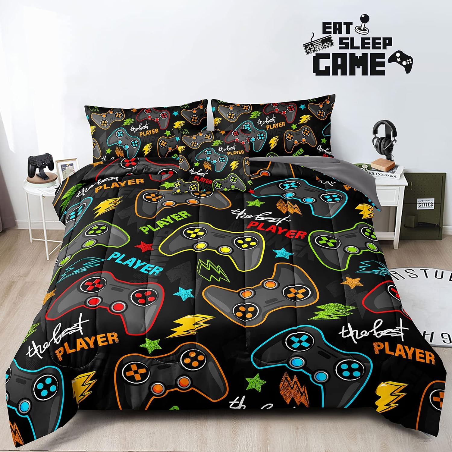 Juego de ropa de cama de 5 piezas con estampado de videojuegos tamaño individual para niños, niñas, adolescentes, 5 piezas, ropa de cama en una