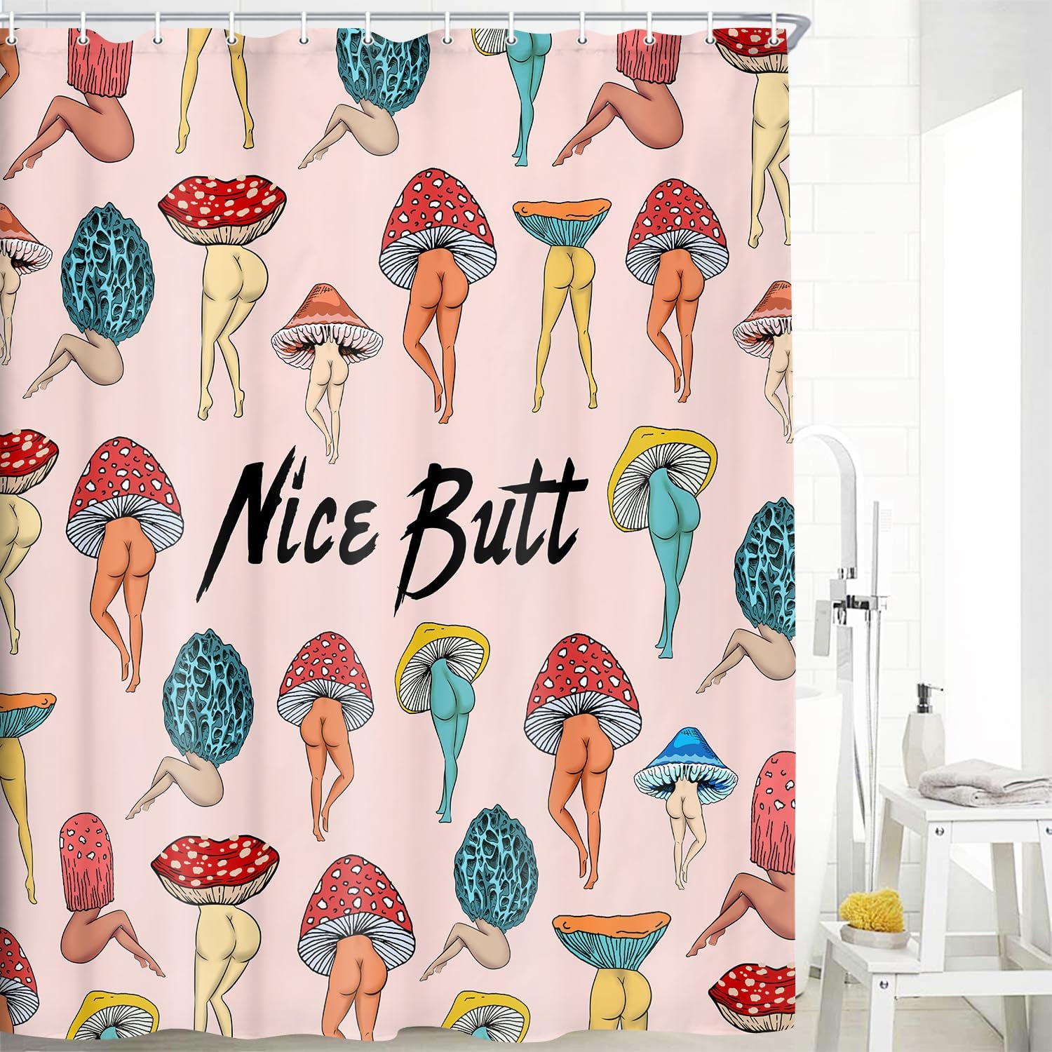 Divertida cortina de ducha con trasero de hongo, divertida y sexy, de los años 70 y 80, cortinas de ducha para baño, hippie, psicodélico, estético,