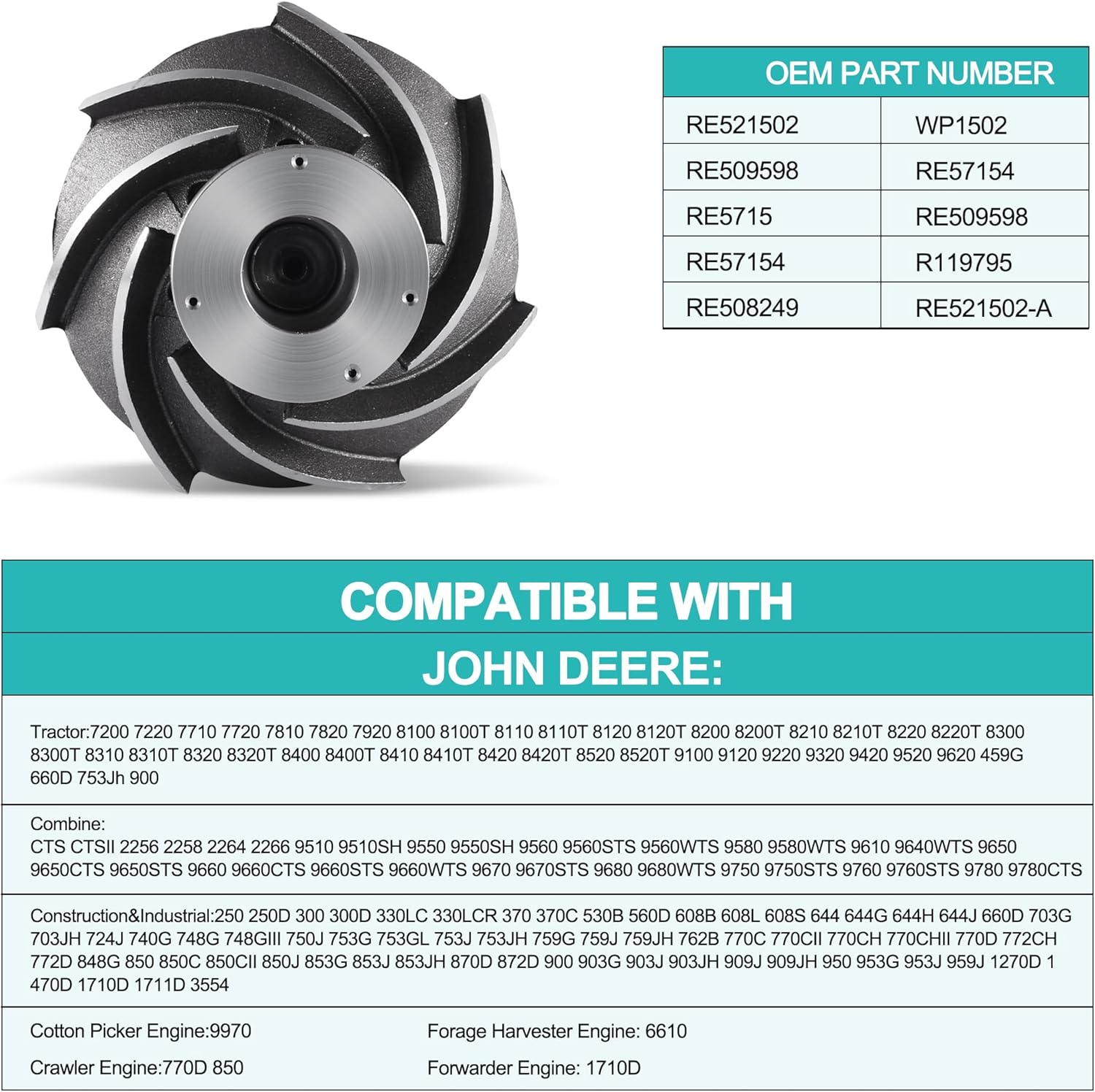 RE509598 RE521502 – Bomba de agua compatible con John Deere 7220 1270D 1470D 1570 1710D 2256 2258 2264 2266 3554 4920 535 530 560D 9550 1406 – 6215