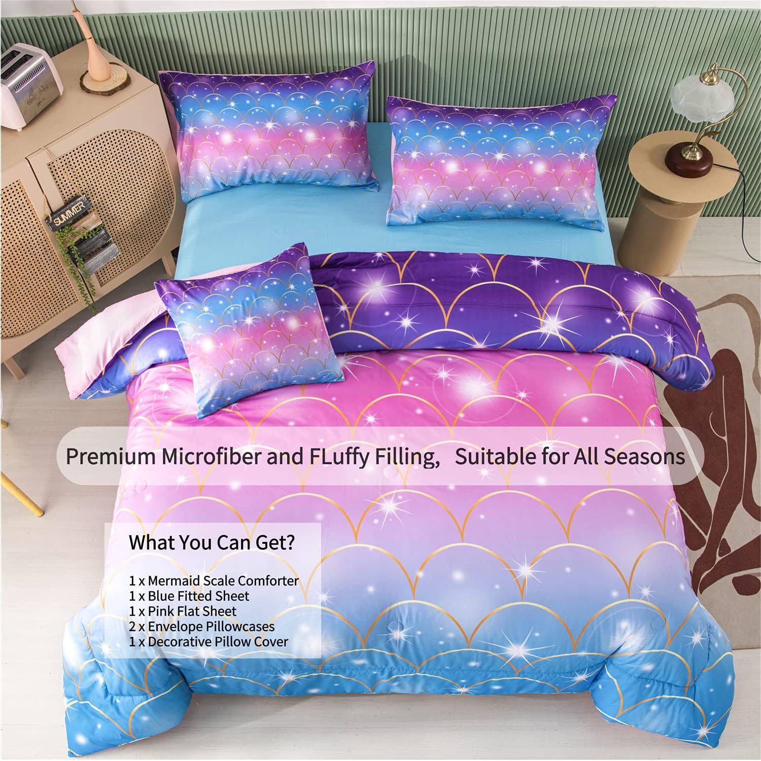 RYNGHIPY Juego de edredón de sirena brillante de 6 piezas, color verde azulado y rosa, tamaño Queen, juego de ropa de cama para niñas con purpurina