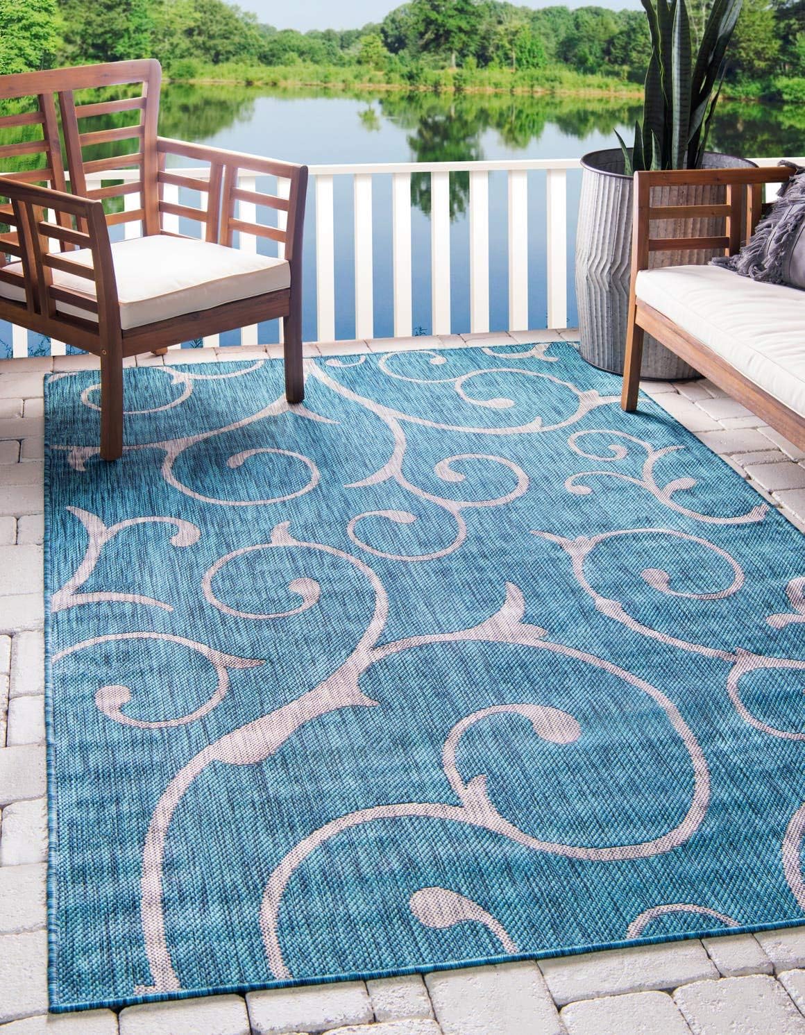 Unique Loom Outdoor Botanical Collection – Alfombra rizada, 7 pies 1 pulgada x 10 pies, rectangular, verde azuladomarfil