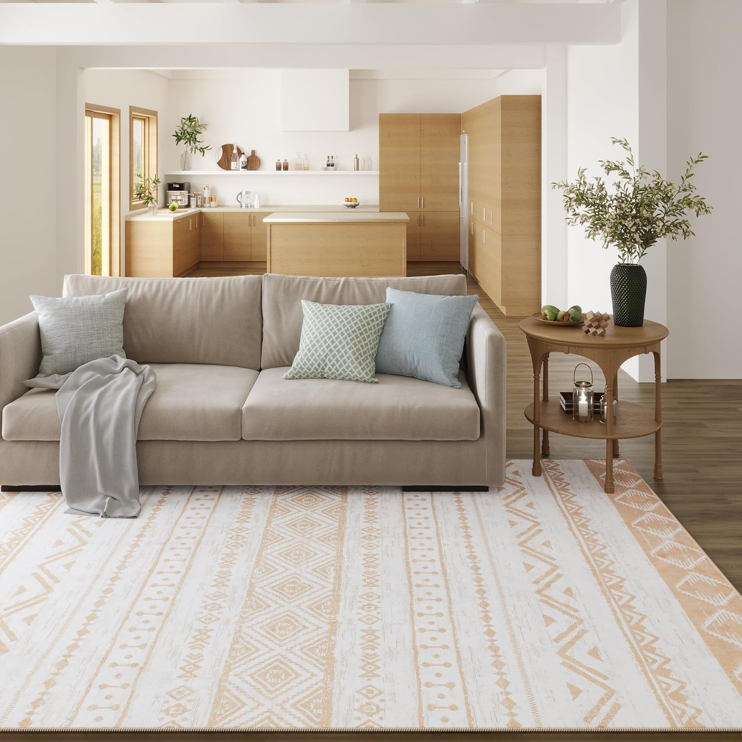 Alfombra de área de 5 x 7 pies, color beige, lavable, para dormitorio, sala de estar, moderna, marroquí, antideslizante, suave, para interiores,