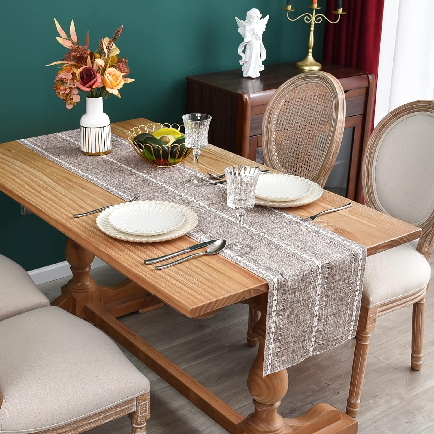 Camino de mesa rústico de granja con rayas trenzadas, decoración de mesa bordada para cocina, sala de estar, comedor, vacaciones y fiesta, café, 13