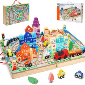 Juego de bloques de construcción de madera, tren eléctrico de construcción de ciudad, bloques apilables, juguetes educativos de aprendizaje Juego de bloques de construcción de madera, tren eléctrico de construcción de ciudad, bloques apilables, juguetes educativos de aprendizaje