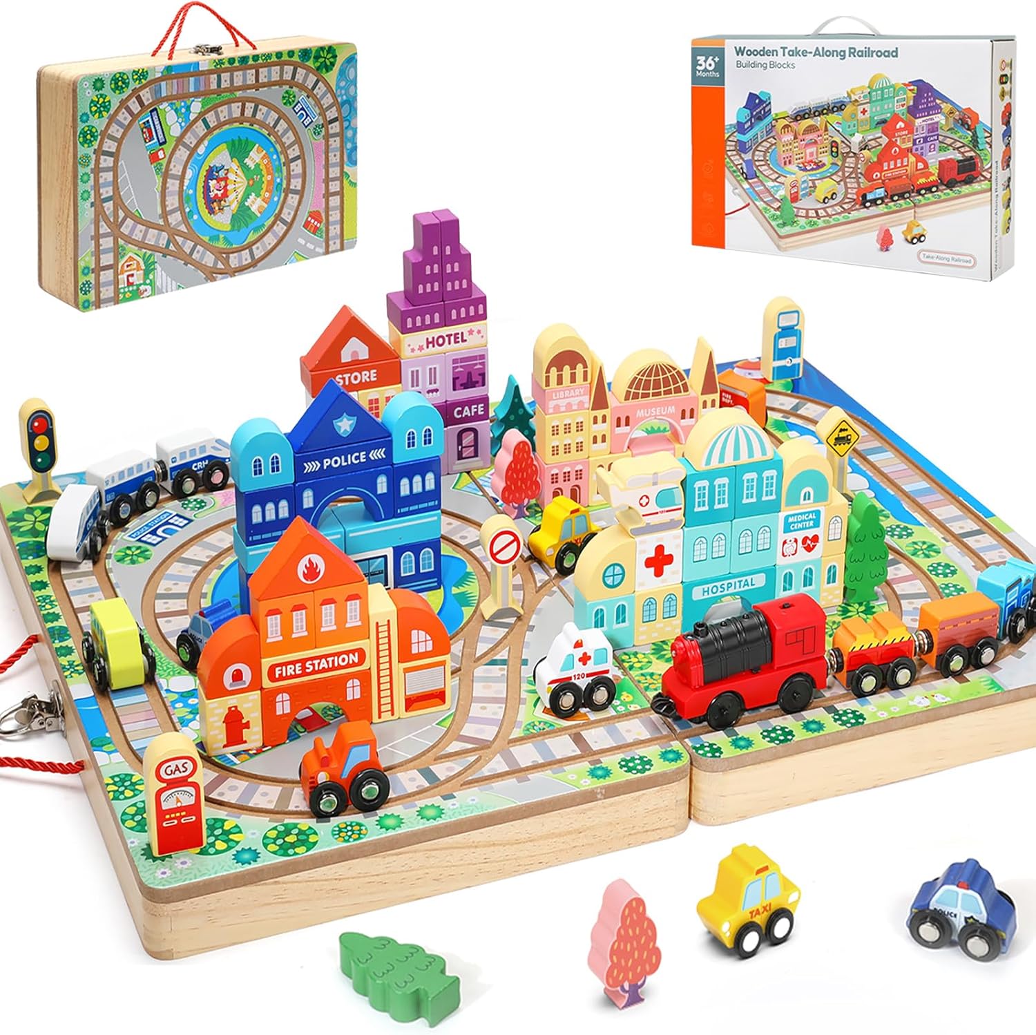 Juego de bloques de construcción de madera, tren eléctrico de construcción de ciudad, bloques apilables, juguetes educativos de aprendizaje