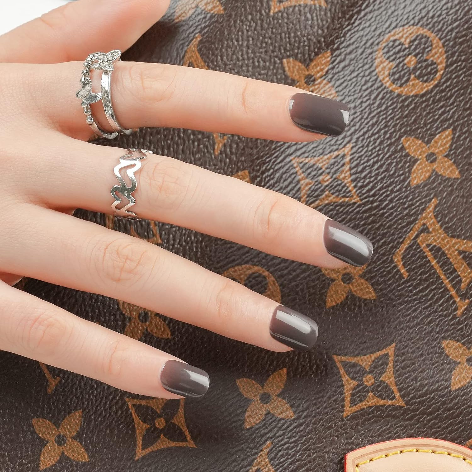 Jofay Fashion – Uñas postizas cuadradas de color marrón café a presión, uñas postizas de color sólido con pegamento, uñas postizas acrílicas cómodas