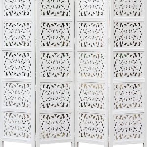 Rania – Partición de madera para separar habitaciones, color blanco antiguo, 4 paneles plegables de 72 x 80 pulgadas, intrincada tallada a mano, Rania – Partición de madera para separar habitaciones, color blanco antiguo, 4 paneles plegables de 72 x 80 pulgadas, intrincada tallada a mano,