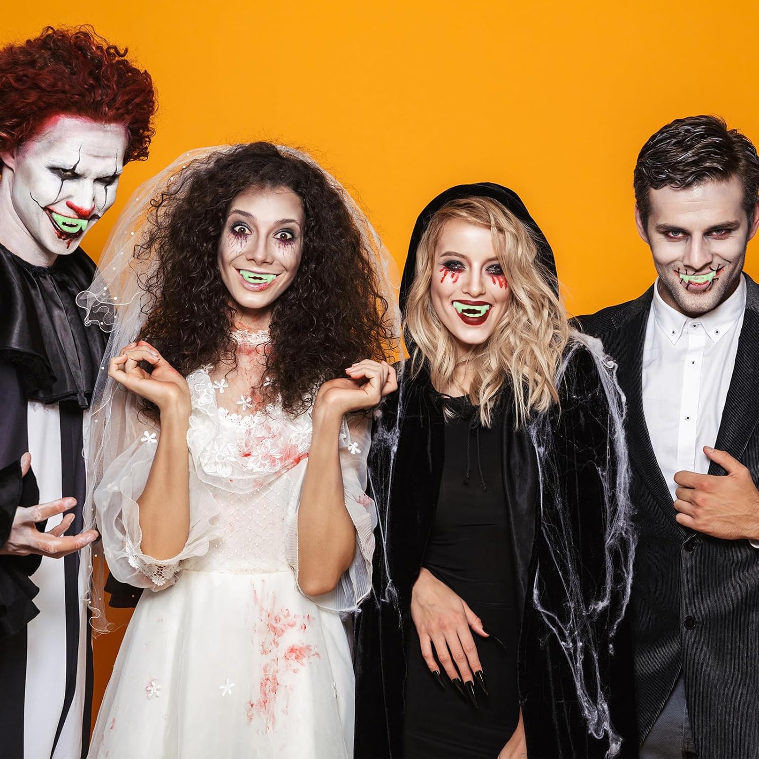 Colmillos de vampiro brillantes para Halloween, dientes de plástico que brillan en la oscuridad, suministros de fiesta de Halloween, dientes falsos