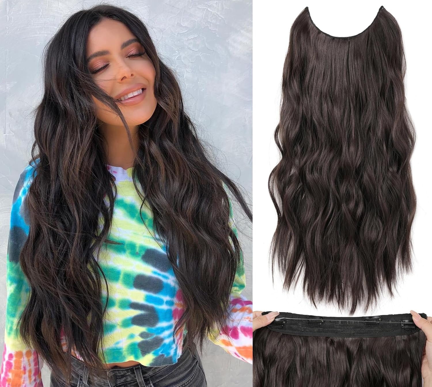 Extensiones de cabello tipo halo de 20 pulgadas, con alambre invisible, largo, ondulado, marrón chocolate, extensiones de cabello para mujer, tamaño
