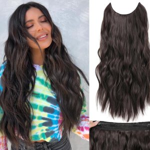 Extensiones de cabello tipo halo de 20 pulgadas, con alambre invisible, largo, ondulado, marrón chocolate, extensiones de cabello para mujer, tamaño Extensiones de cabello tipo halo de 20 pulgadas, con alambre invisible, largo, ondulado, marrón chocolate, extensiones de cabello para mujer, tamaño