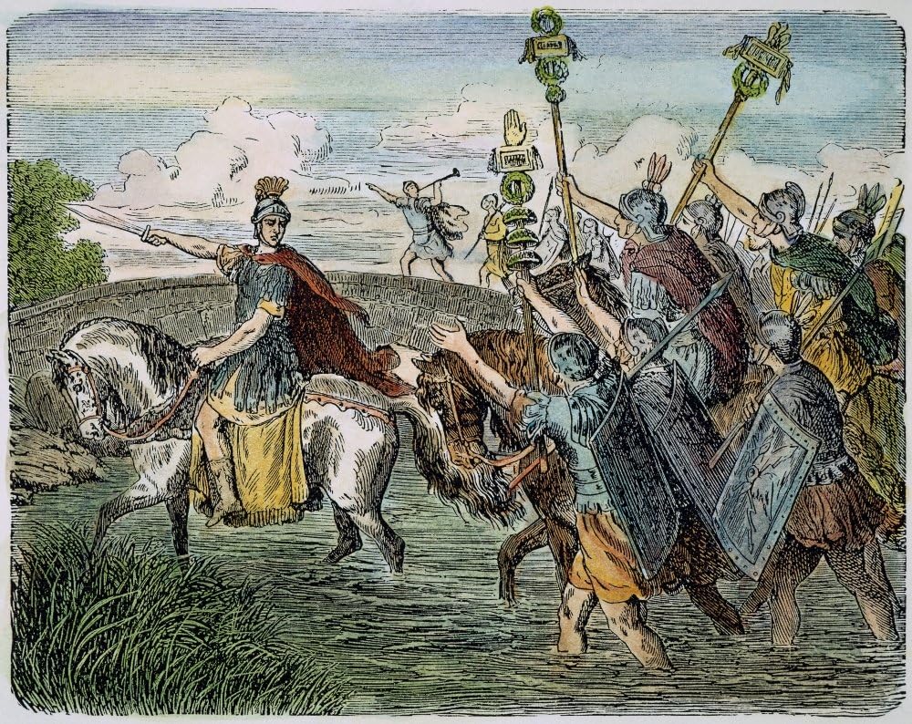 Julio César (100 a.C.-44 a.C.) Ncaesar guiando a su ejército a través del rubicón en Italia en el 49 a. C. Grabado en madera del siglo XIX por (18 x
