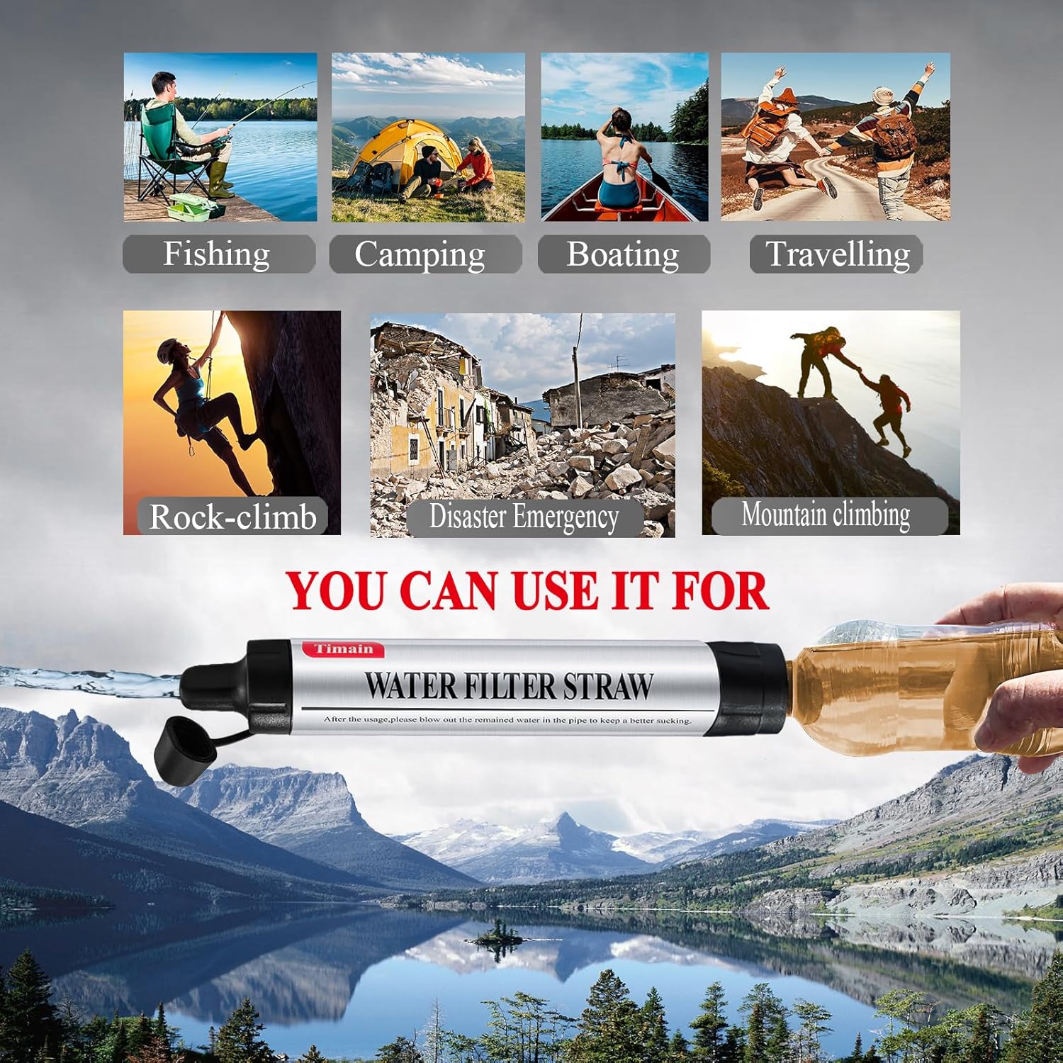 Filtración de 4 etapas, filtro de agua de alto caudal, purificador de agua de supervivencia para kits de emergencia, viajes, camping, senderismo,