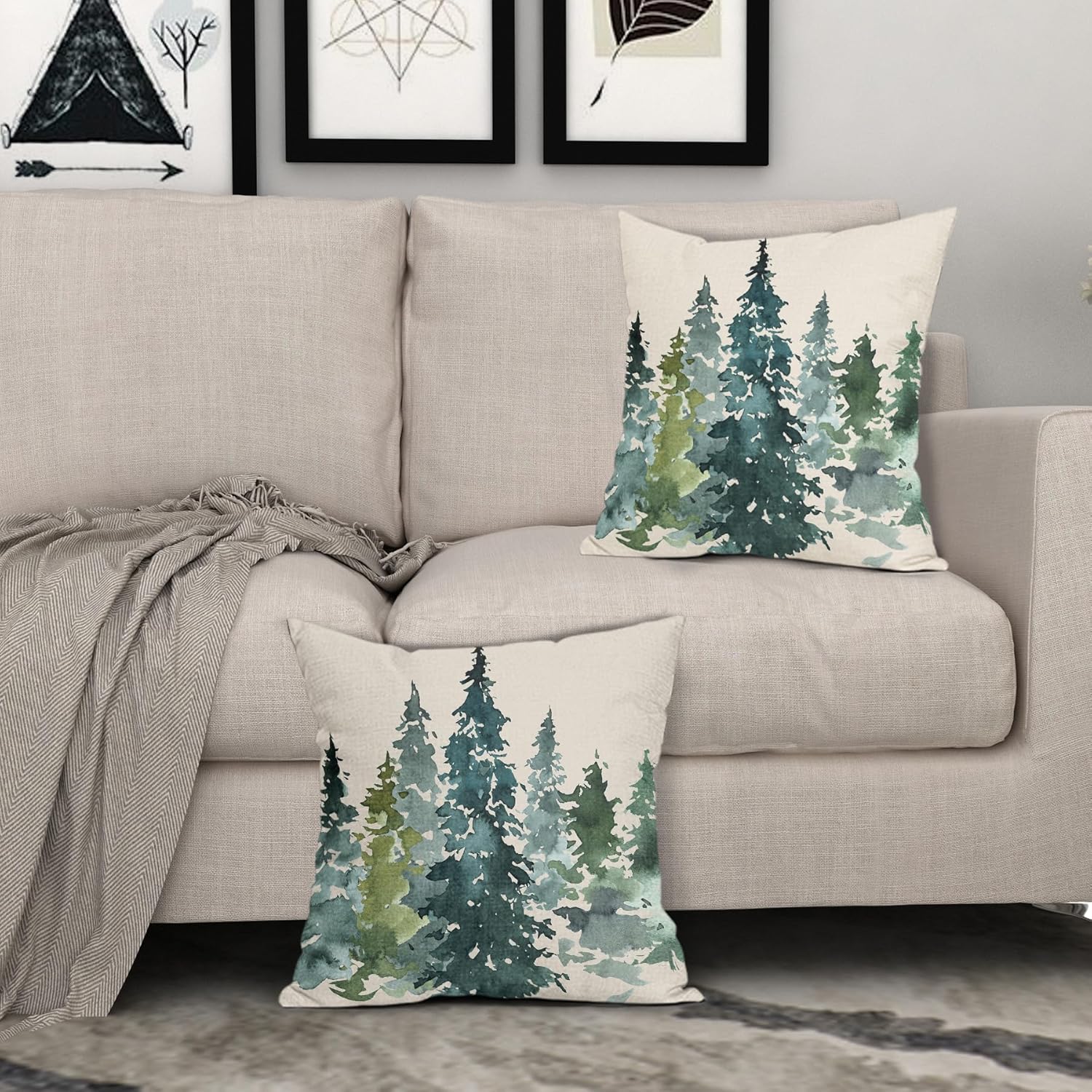 Juego de 2 fundas de almohada decorativas con diseño de árbol azul y verde en acuarela de 18 x 18 pulgadas, con temática de naturaleza, decoración